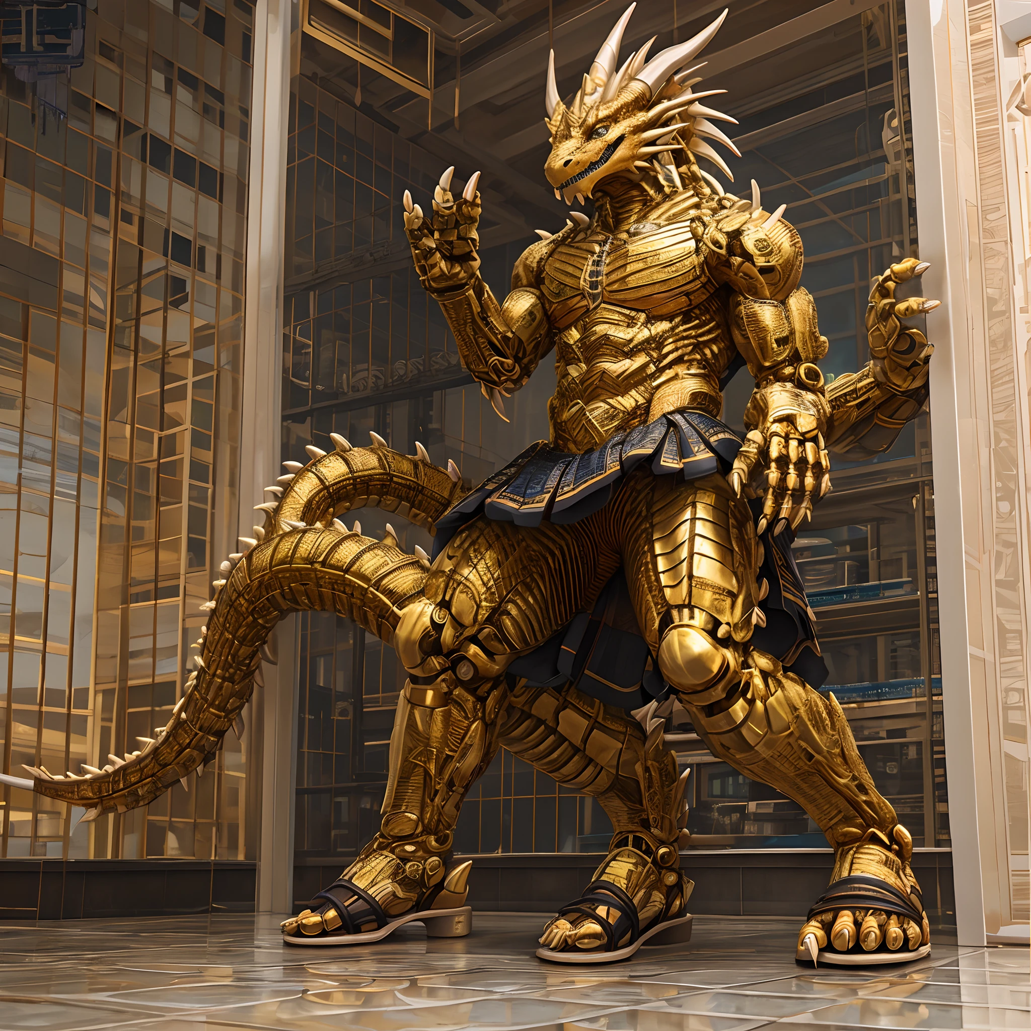 Humanoid golden mechanical dragon,wearing a white skirt,sandals,Standing on the tiled floor of the apartment。high-definition image,Rich and realistic in detail,high qulity。Extremely detailed CG