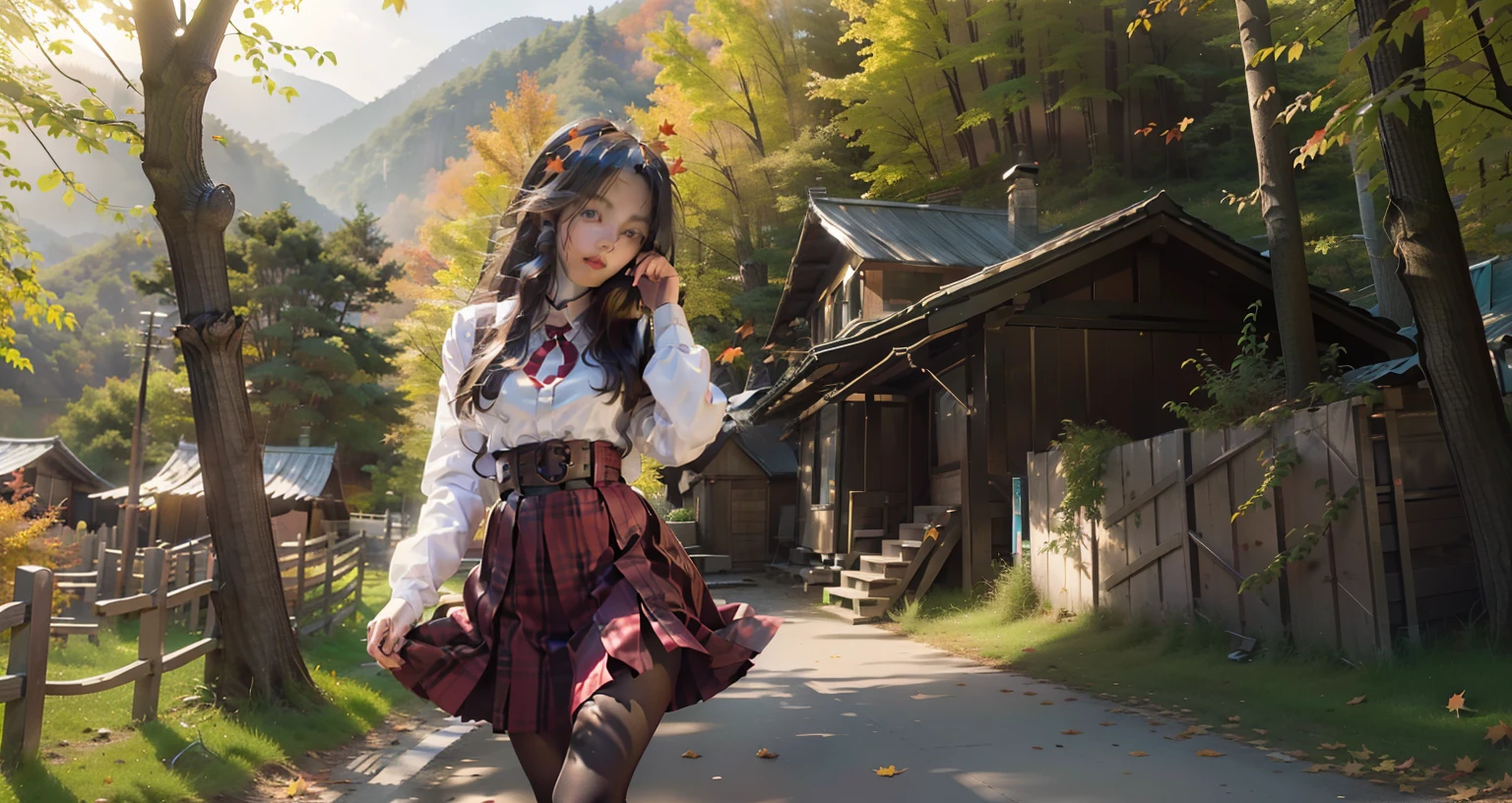 1 girl，facial closeups，Stand in the autumn maple forest，maple trees，Red maple leaf，long  skirt，long sleeves shirt，Black tights，leather shoes，full bodyesbian，falling leaf，grassy fields，nature reserve，Red Maple，Manteau