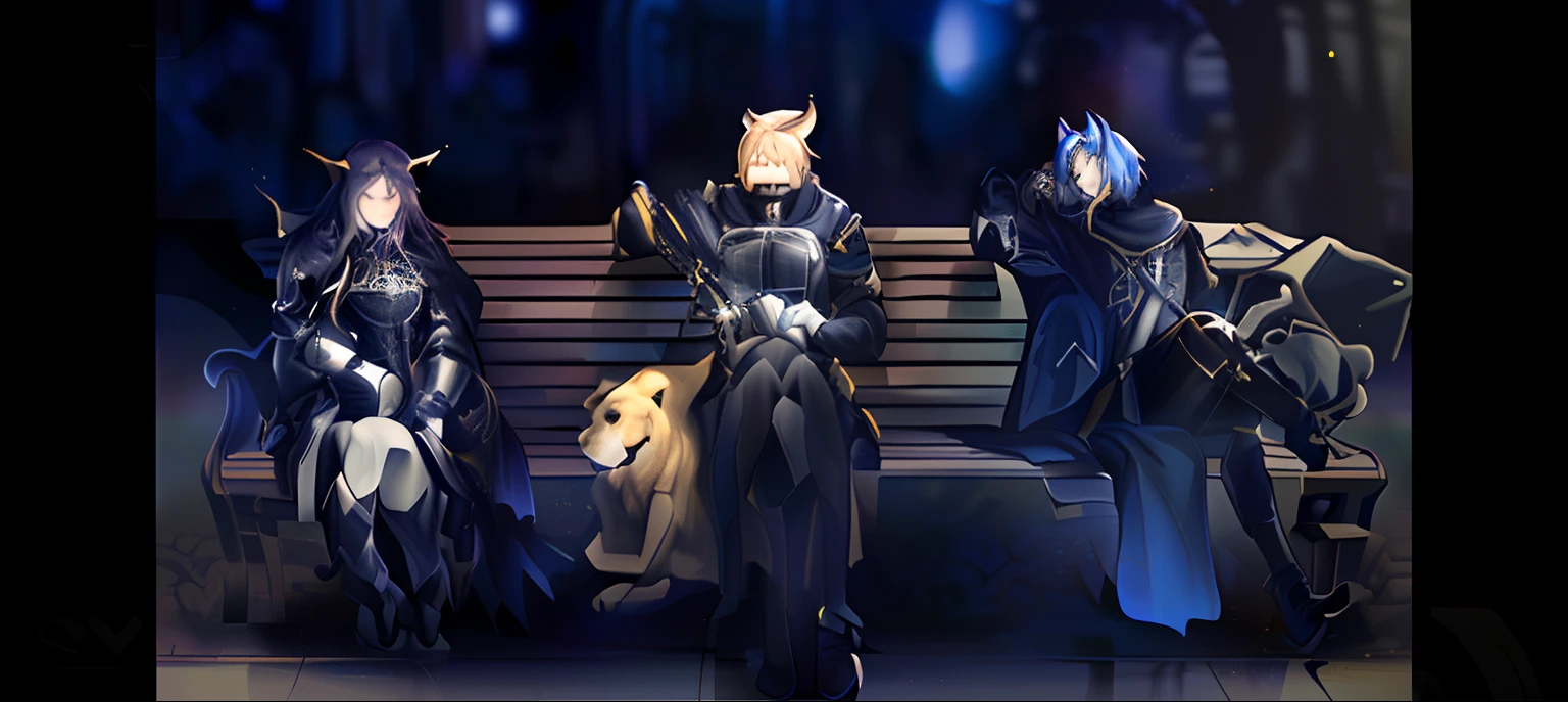 There were four people and a dog sitting on the bench, From the night of the ark, arknight, trending on artstation pixiv, zerochan art, anime concept hdr anime macmanus, fate grand order, Best anime 4k konachan wallpaper, from girls frontline, final fantasy fan art, From cryptid academia, Badass anime 8 K, at pixiv