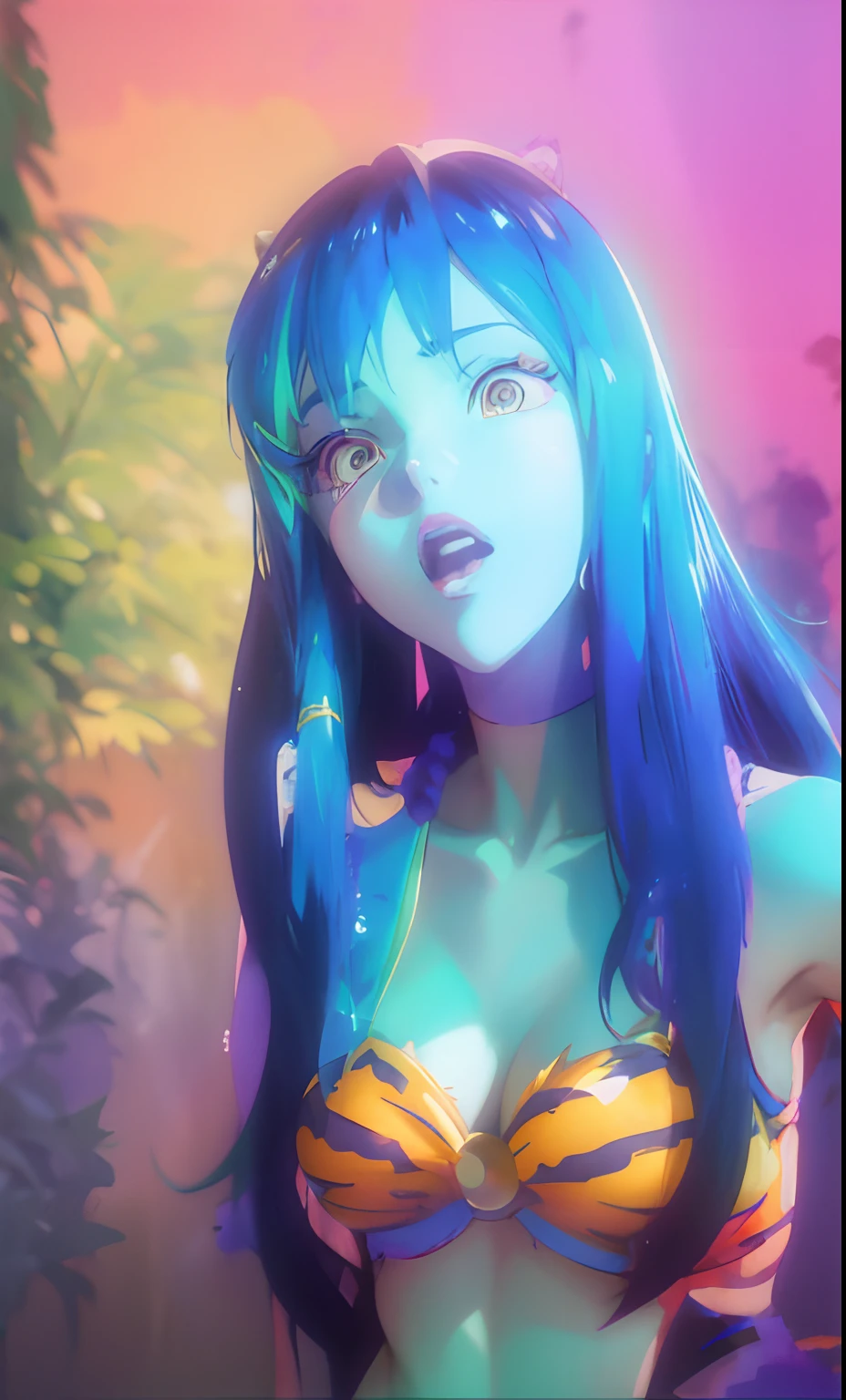 Anime girl posing in front of wall in bikini with blue hair and tiger print, Nico Robin, anime cgi, dreamy psychedelic anime, Anime style mixed with Fujifilm, portrait knights of zodiac girl, anime cgi style, Anime style. 8K, anime styled 3d, anaglyph effect ayami kojima, advanced digital anime art, advanced anime digital art, digital anime art