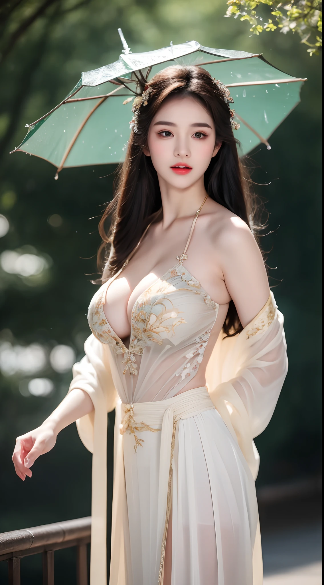 ((Best Quality, 8k, Masterpiece: 1.3)), Focus: 1.2, Perfect Body Beauty: 1.4, Buttocks: 1.2, ((Layered Haircut)), (Wet Clothes: 1.1), (Rain, Street:1.3), (Breasts: 1.2), (Hanfu: 1.2), Bare Shoulders, Bare Legs, Highly Detailed Face and Skin Texture, Fine Eyes, Double Eyelids, Whitened Skin, Long Hair, (Shut Up: 1.5), (Bokeh Background: 1.5), Big Breasts