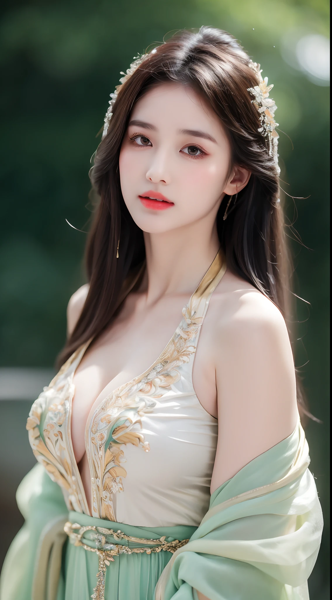 ((Best Quality, 8k, Masterpiece: 1.3)), Focus: 1.2, Perfect Body Beauty: 1.4, Buttocks: 1.2, ((Layered Haircut)), (Wet Clothes: 1.1), (Rain, Street:1.3), (Breasts: 1.2), (Hanfu: 1.2), Bare Shoulders, Bare Legs, Highly Detailed Face and Skin Texture, Fine Eyes, Double Eyelids, Whitened Skin, Long Hair, (Shut Up: 1.5), (Bokeh Background: 1.5), Big Breasts