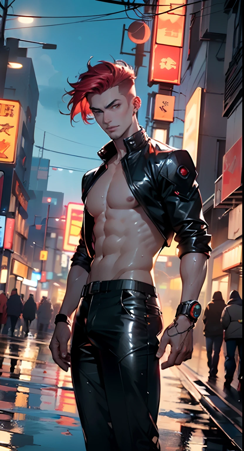 thief man,(((1man))),((man with stylish short hair)),
(((1male,man,handsome man,male,male gender,male focus))),
((short red hair,detailed hair,highly detailed hair,red hair,dyed interior hair,colored inner hair)),(((lustrous skin:1.5,tanned skin,bright skin: 1.5,skin tanned,shiny skin,very shiny skin,shiny body,illuminated skin))),((detailed eyes,perfect eyes,rainbow glows ultra-detailed orange brown eyes:1.1,gradient eyes:1,finely detailed beautiful eyes:1,symmetrical eyes:1,big highlight on eyes:1.2)),((man chest)),handsome face,((muscular)),((hand consists of a short thumb and four fingers,a hand with only five fingers,(detailed face))),
alluring look,nsfw,
(((bare chest))),elegant white pants,((bulge in pants)),((elegant thief outfit)),(wearing a elegant thief outfit:1.3,thief clothes),((wet clothes,detailed outfit,detailed clothes)),
(dynamic pose:1.0),solo focus,((evil smile,evil look)),(centered,scale to fit dimensions,Rule of thirds),
((((cyberpunk city by the ocean,neon signs,puddles)))),stormy sky,threatening sky,dark clouds,((synthwave background theme,detailed background : 1.25)),((((night,nice lighting decorations,detailed architecture)))),
(best quality,high resolution,sharp focus,ultra detailed,extremely detailed,extremely high quality artwork,(realistic,photorealistic:1.37),8k_wallpaper,(extremely detailed CG 8k),(very fine 8K CG),((hyper super ultra detailed perfect piece)),flawless,(((masterpiece))),illustration,vibrant colors,(intricate),High contrast,Selective lighting,Double exposure,HDR (High Dynamic Range),Post-processing,Background blur,colors,(intricate),High contrast,Selective lighting,Double exposure,HDR (High Dynamic Range),Post-processing,Background blur,