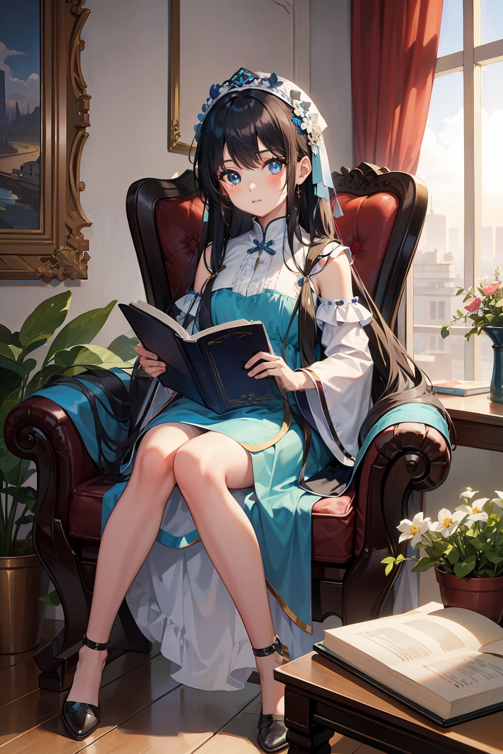 A young girl with long hair in a blue dress sits on a cradle chair reading a large book,Skysky,baiyun,Elevation viewing angle , Ultra detailed, fine art, Evocative