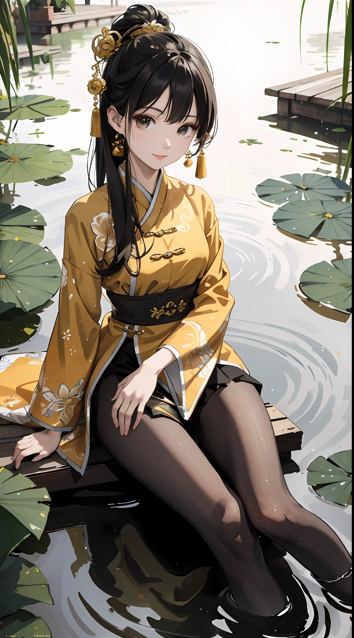 hoang lap，8K high resolution，ultra - detailed，（1girll：1.3），handpainted，Simple lines，-yeld giwearing golden Chinese clothes and black pantyhose，beuaty girl，In the lotus pond，tmasterpiece，Sit on a plank floating in the water，Floating hair，looking toward the viewer，ssmile，posed for photo，