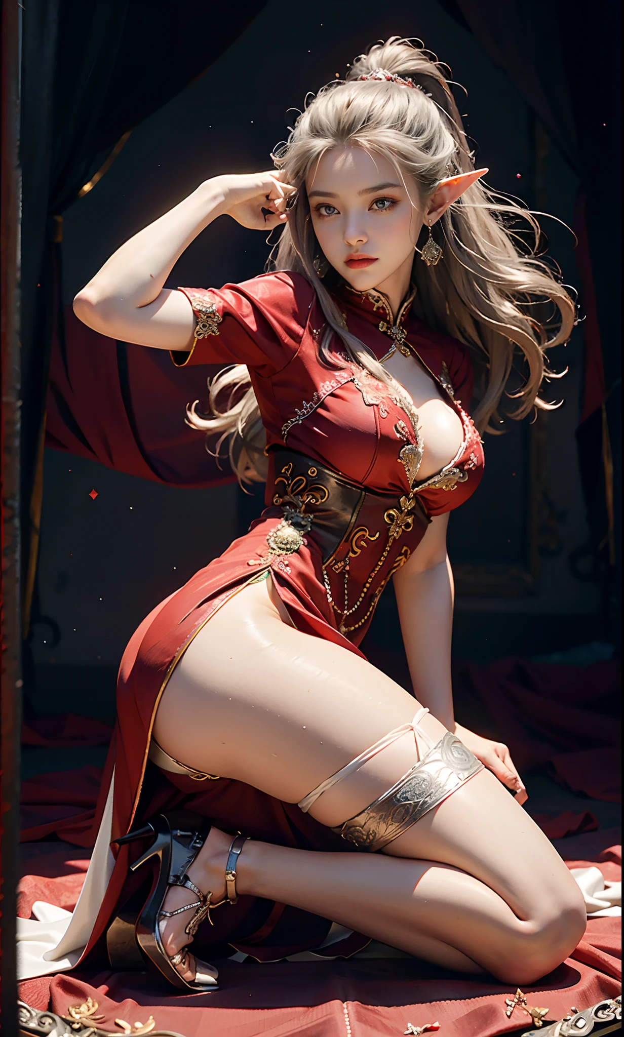 (Redcoat:1 silver-haired girl, Close up), tmasterpiece, best qualtiy, RAW photogr, realisticlying, the face, Incredibly Ridiculous res, Beautiful elf beauty, ear studs,(Kneeling pose,Point at you with your ass )(Long silver hair), (Red wedding dress+),Chinese silk long dress,(Red cloth shoes+,Embroidered cloth shoes+),depth of fields, A high resolution, ultra - detailed, filigree, RAWE is very detailed, very detailed eyes and faces, Sharp pupils, realistic pupil, tack sharp focus, cinmatic lighting,full bodyesbian,Bigboobs,long leges,From the front side,(anvil,Decapitate with a large knife),A faint red glow,dynamicposes