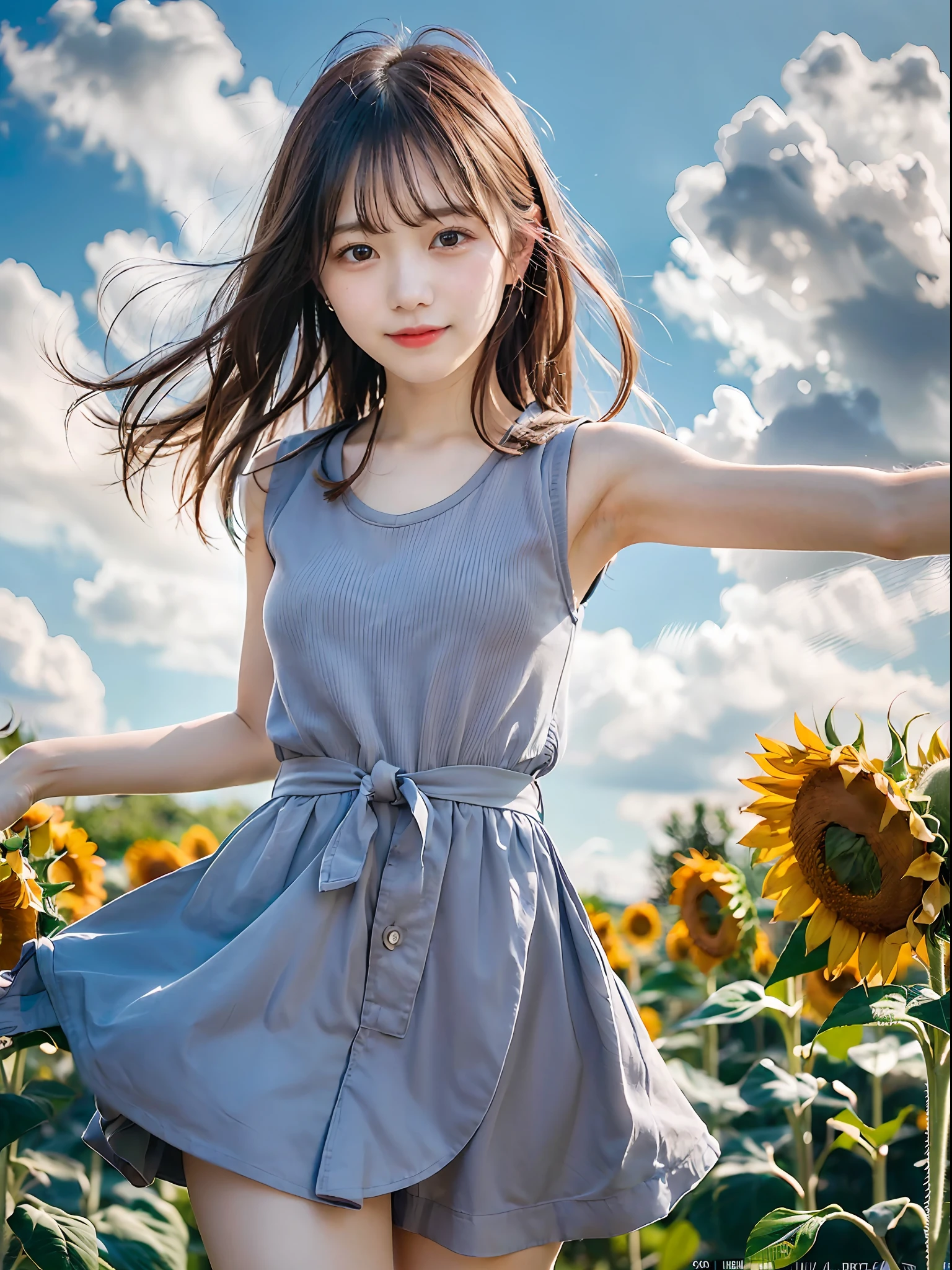 (Cute girl in sleeveless shirt with slender small breasts face closeup:1.5)、(One girl smiling with open arms surrounded by sunflowers:1.3)、(White clouds and blue sky in summer:1.3)、(tre anatomically correct:1.3)、(complete hands:1.3)、(complete fingers:1.3)、Photorealsitic、Raw photography、masutepiece、top-quality、Hi-Res、delicate and pretty、face perfect、Beautiful detailed eyes、Fair skin、Real Human Skin、pores、((thin legs))、(Dark hair)