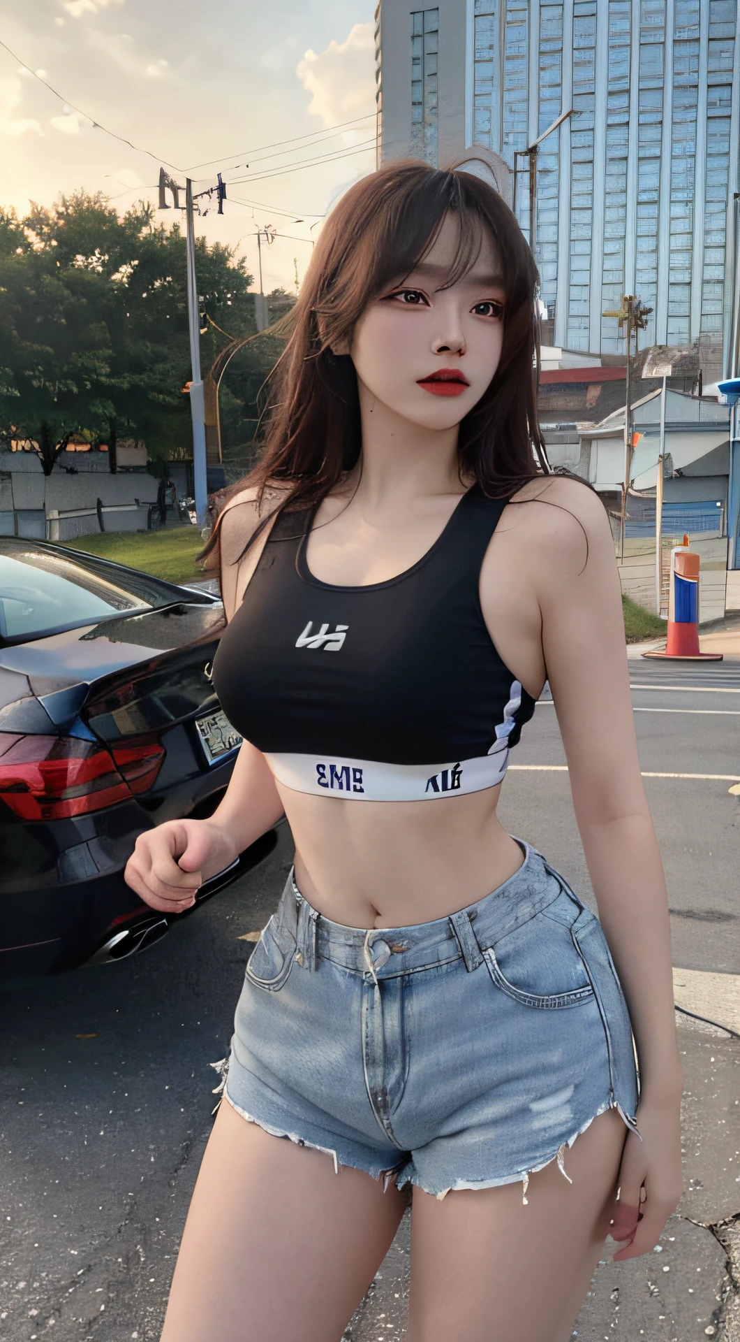 ((Top Quality, 8K, masterpiece :1.3)), (large full breasts :1.2), Ultra-detailed face, detailled eyes, Double eyelidd, smiling expression, Long hair, She is one, The legs are beautiful, Hip Hop Fashion, Sexy hip hop fashion, Hip Hop Dancewear, Street Dance Pants, She lay on the couch and looked at me, (dolphin shorts:1.3)