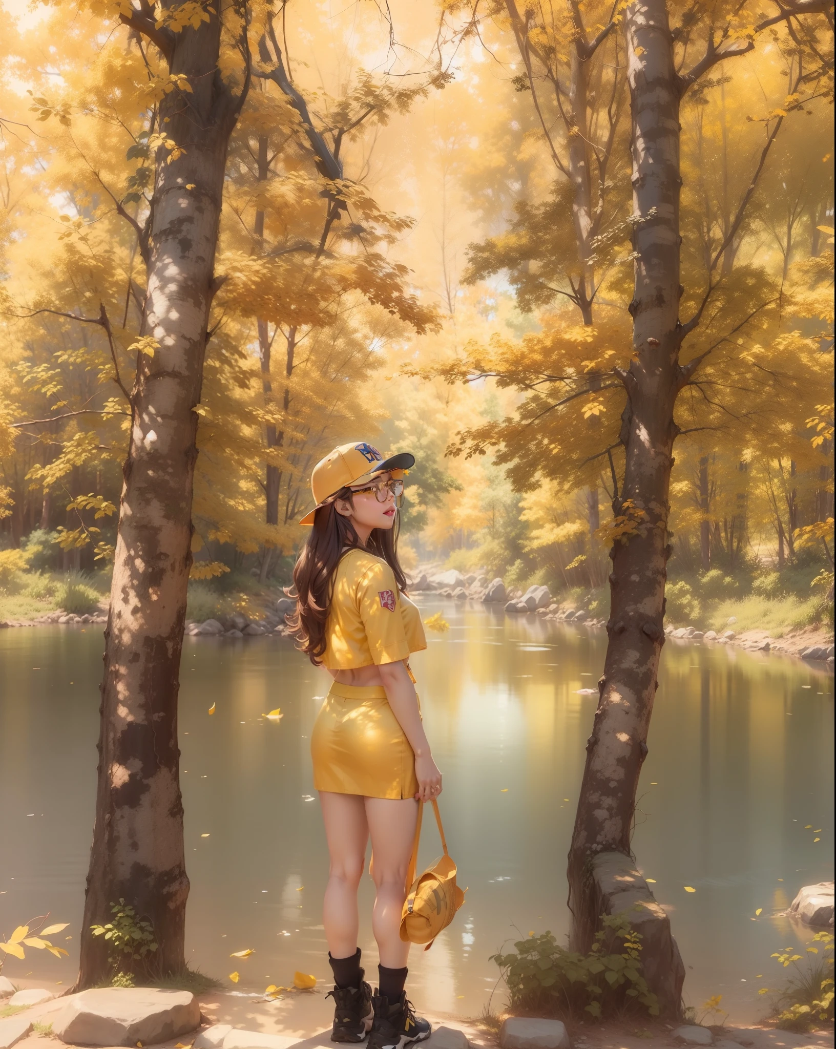 Girl in glasses and baseball cap, Realistic anime, Colorful Anime、Gold lips, The clothes are clear and detailed, the face is clear and detailed, the color reproduction is the same as the original photo but more realistic, the legs and arms are detailed, 8k, dsrl