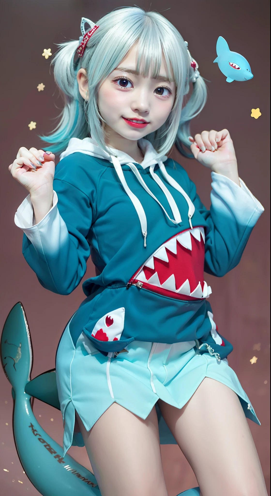 ​masterpiece, top-quality, animesque, ighly detailed, full body Esbian, 1girl in, 独奏, Bocchi_Hoodie, Blue Hoodie, two side up, shark hair ornament, sharpteeth, :D, Shark tail, bare-legged, japanes、teens girl、cute little、a picture