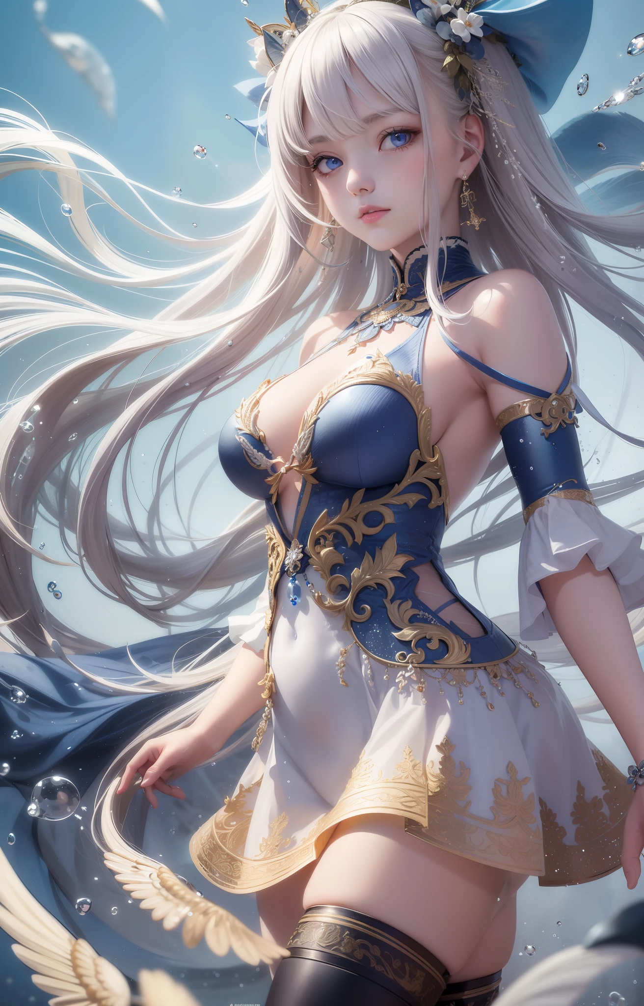 The beauty of the picture is no accident, this is a masterpiece! Its picture quality is as good as eight-K level delicate CG Unity wallpaper. It becomes the best illustration, and the floating effect is perfect. Under the high-resolution dynamic angle and posture, only one single girl stands out, with silver hair flowing in her blue eyes. She wore a white martial arts costume, tied a ribbon, and her beautiful face resembled a painting person. The symbolic background of water drops and clouds, vast and beautiful, plus the best quality watercolor presentation, you can't help but sigh!