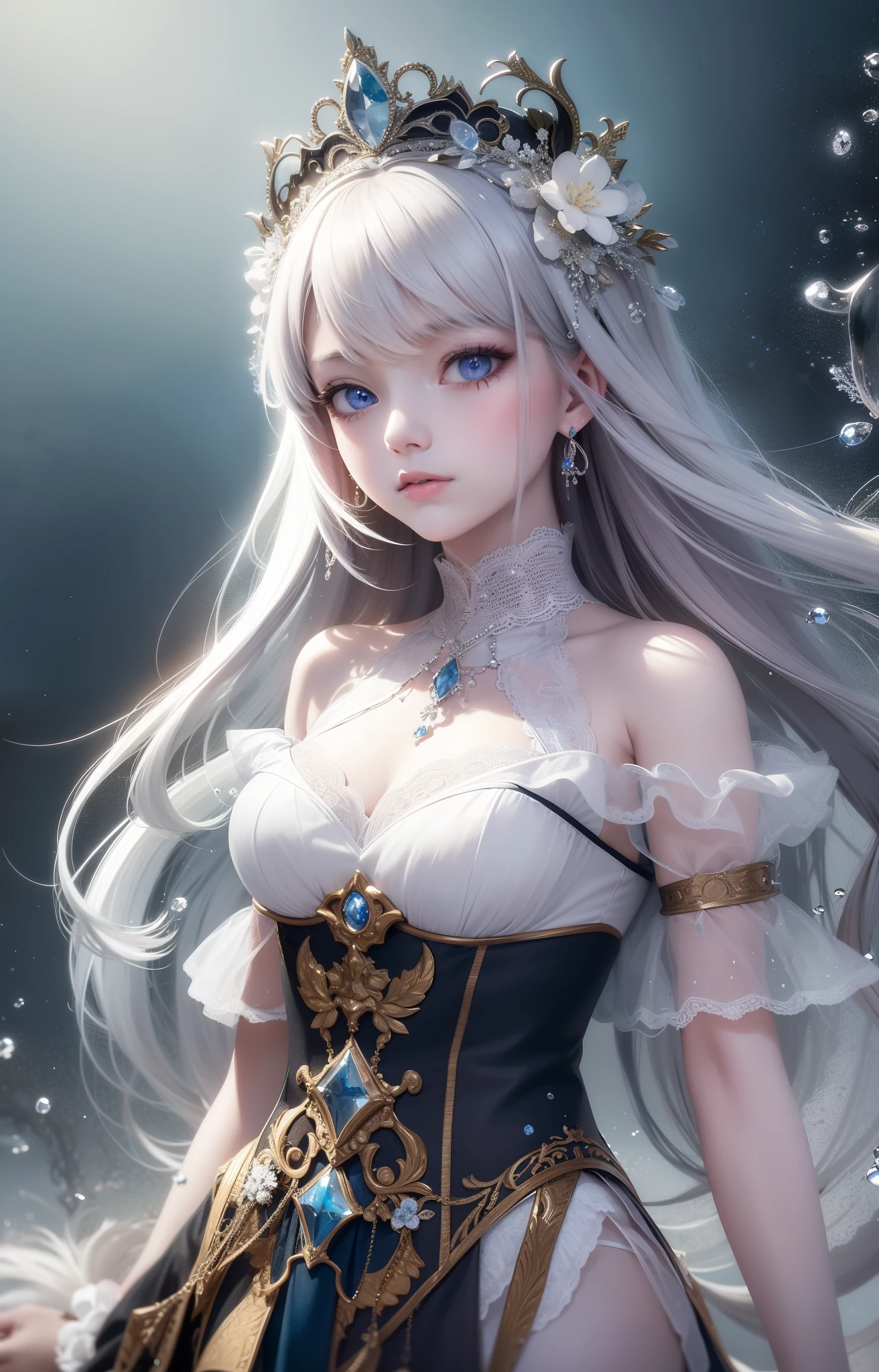 8K,gal，an extremely delicate and beautiful,Beautiful and realistic skin,Shiny jewel-like earrings,Shine like glitter long silver hair,beautiful eyes,full body,タイトワンピース,ファッションモデル