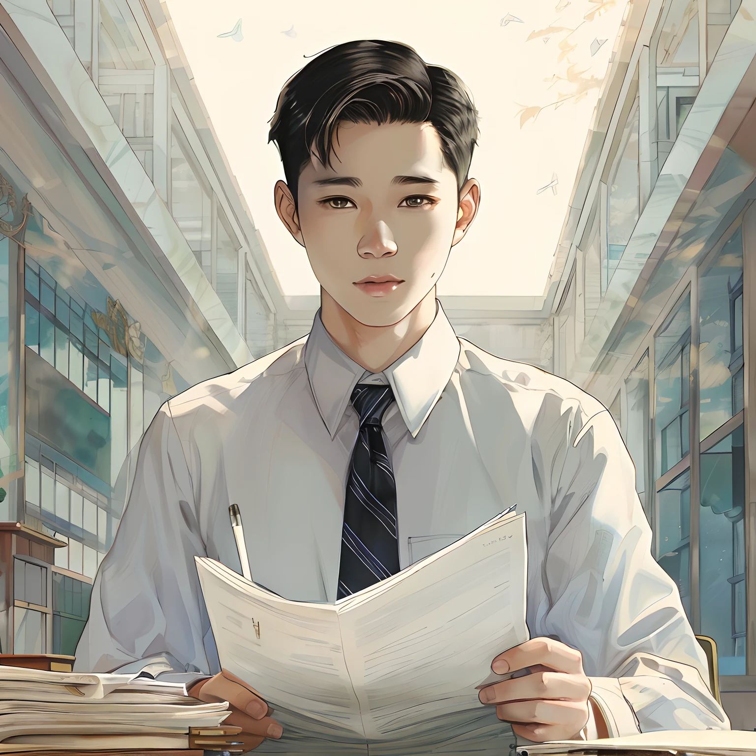 There was a man sitting at a table，Holding a newspaper, The chest is transparent and the black heart can be seen，There are 2 words on it, integrity，jc leyendecker and sachin teng, in the style of sachin teng, Sachin Teng, inspired by Joong Keun Lee, inspired by Yanjun Cheng, inspired by Russell Dongjun Lu, rob rey and kentaro miura style, sun-hyuk kim, inspired by Yeong-Hao Han