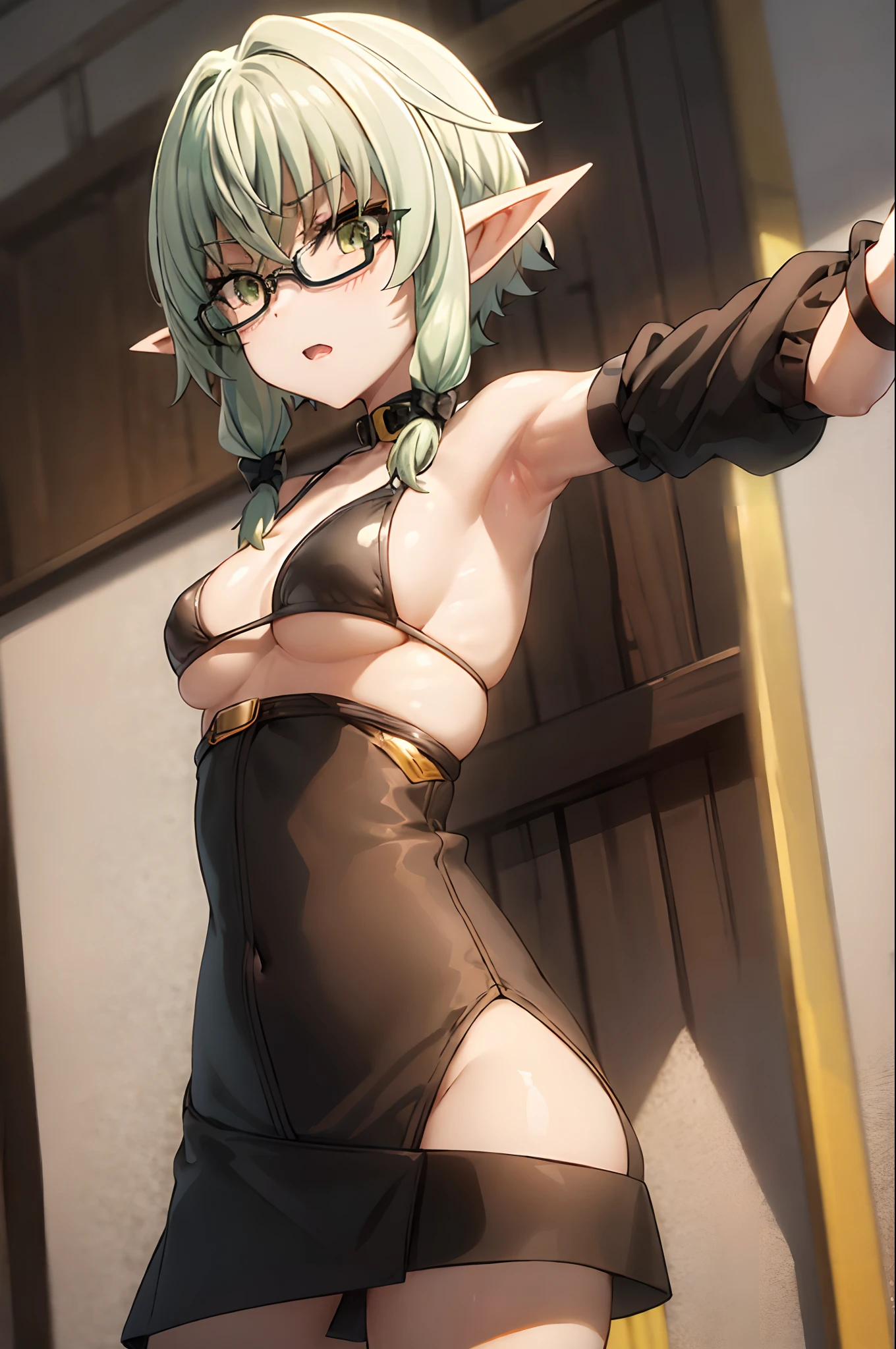 pointy ears, green hair, green eyes, short hair, short hair with long locks, black-framed eyewear, solo, bangs, open mouth, very long hair, straight hair, arms up, one eye closed, (masterpiece:1.6, best quality), (finely detailed beautiful eyes: 1.2), (masterpiece), (best quality), (shiny hair), (shiny skin), (shiny skin), solo, twin tail hair, large breast, big boobs, boob curtain, under boobs, ((upper body)), (micro bikini), presenting armpit, bare shoulder, collar bone, (mole armpit), arm up, beach, selfie, cowboy shot, straightened, arms behind head, hands behind head, arms raised, hands in pockets, standing, ((detachable sleeves), (randoseru)), (side boobs), (bikini)