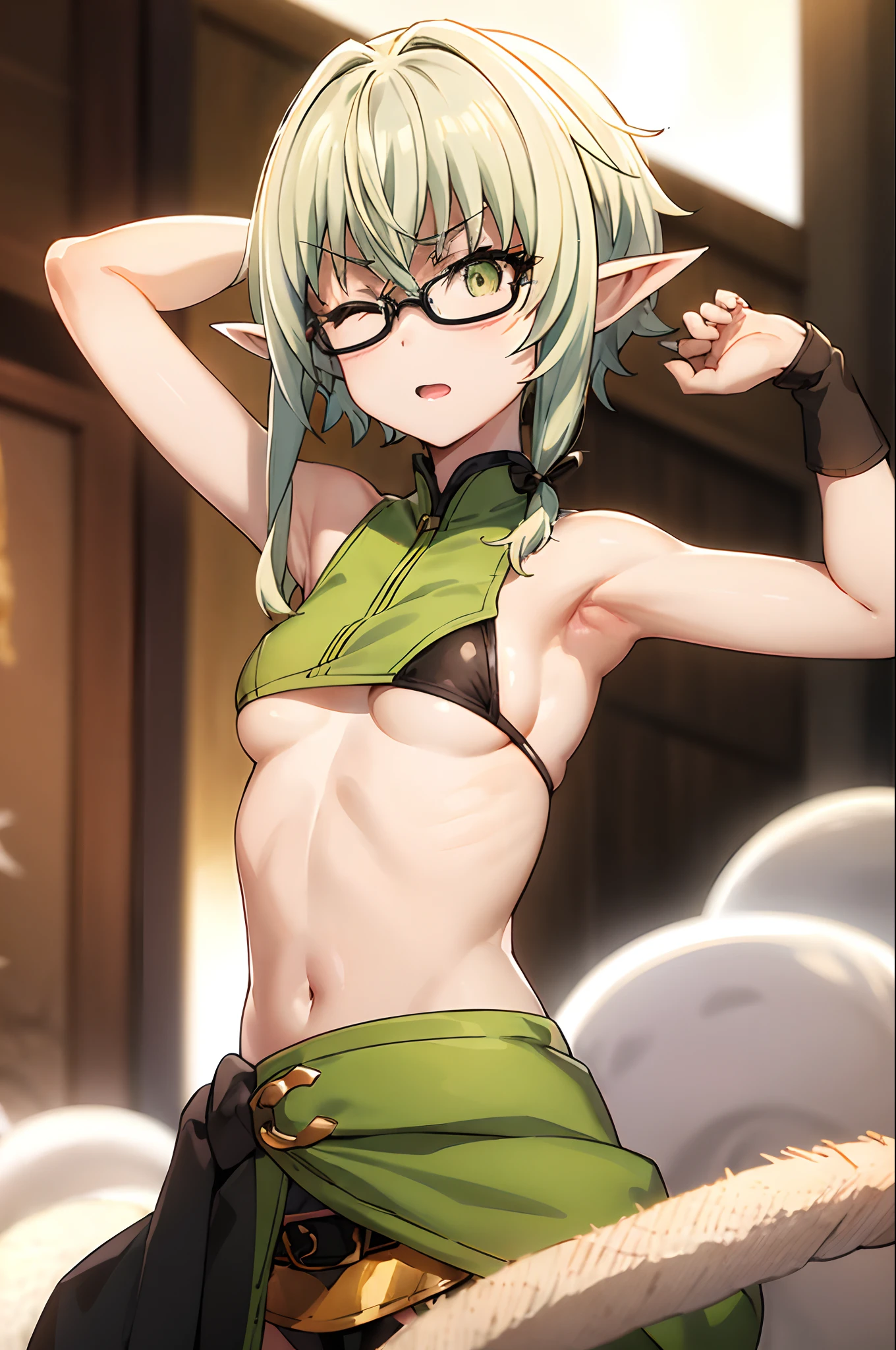 pointy ears, green hair, green eyes, short hair, short hair with long locks, black-framed eyewear, solo, bangs, open mouth, very long hair, straight hair, arms up, one eye closed, (masterpiece:1.6, best quality), (finely detailed beautiful eyes: 1.2), (masterpiece), (best quality), (shiny hair), (shiny skin), (shiny skin), solo, twin tail hair, large breast, big boobs, boob curtain, under boobs, ((upper body)), (micro bikini), presenting armpit, bare shoulder, collar bone, (mole armpit), arm up, beach, selfie, cowboy shot, straightened, arms behind head, hands behind head, arms raised, hands in pockets, standing, ((detachable sleeves), (randoseru)), (side boobs), (bikini)