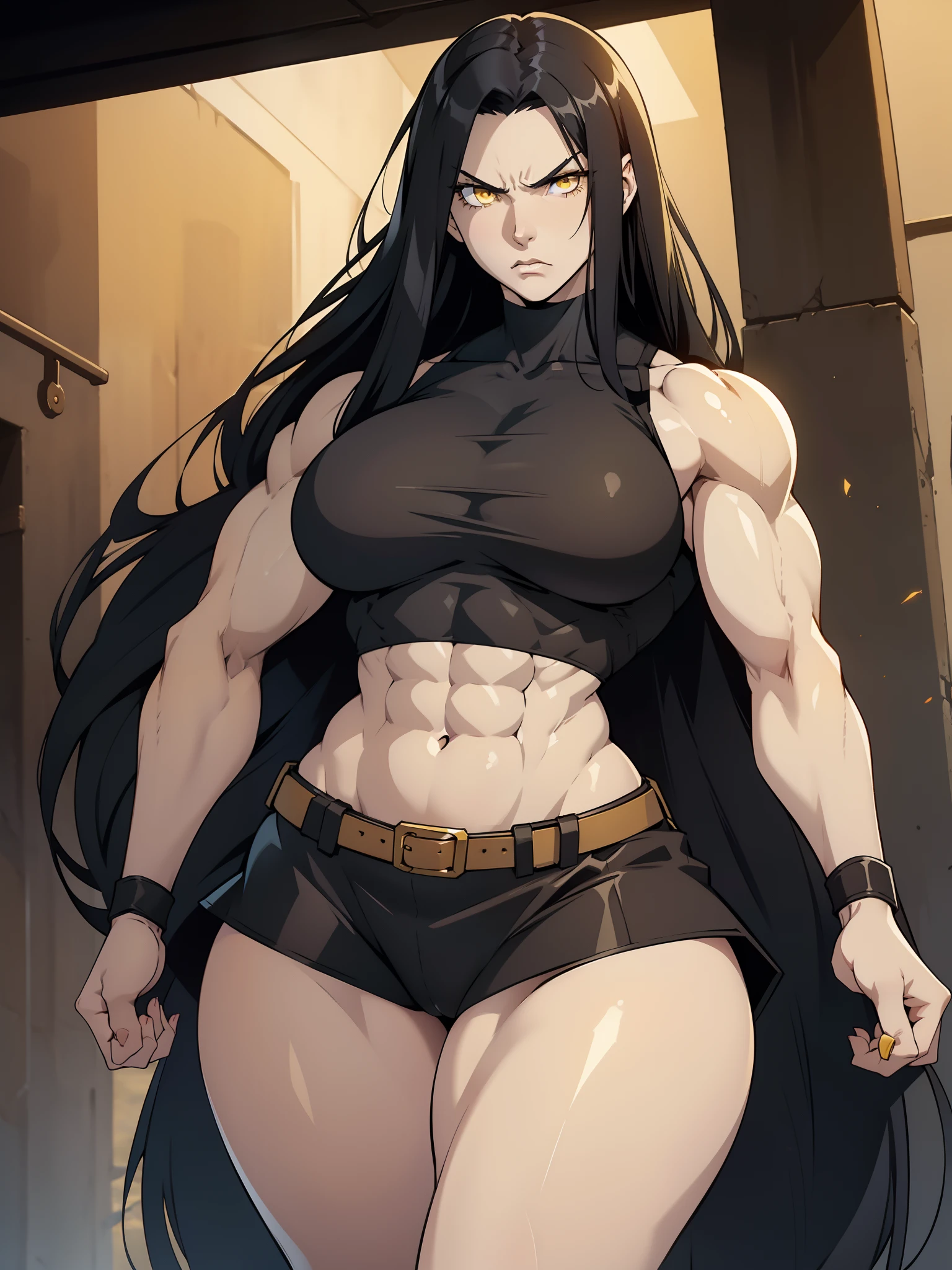 (1girl), black hair, extremely long hair, yellow eyes, (((muscular))), ?????????????, thick thighs, solo, angry, (pale skin), cowboy shot