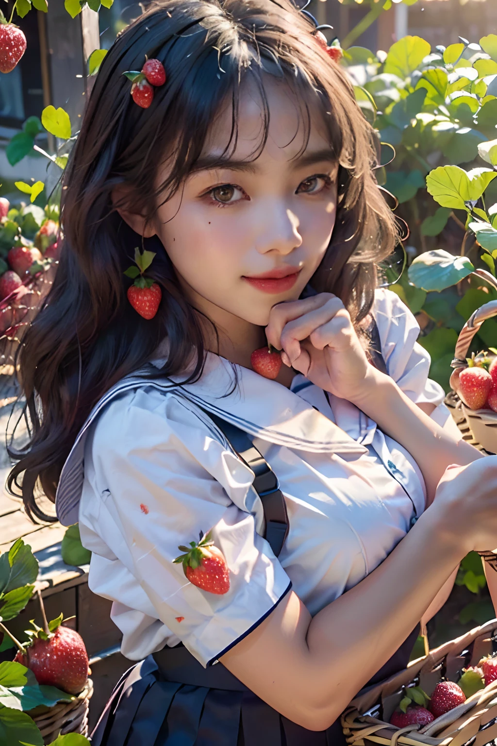best quality, ultra high res, (1 girl:1.4), solo,(upper body:1.2), (photorealistic:1.4), (pretty teengirl:1.2),big breasts,balck long hair, parted bangs,air bangs, red lips,light_smile,(shot hair), wet, messy_blue hair, stick out,(school uniform:1.4),white shirt with blue collar, blue shorts,(looking at viewer:1.4),(a basket on her forearm:1.4),(picking strawberries:1.4), (strawberry farm:1.4), (rows of plants:1.4), (red berries:1.4), green leaves, sunshine, (baskets:1.2), picking,(pureerosface_v1:0.5)