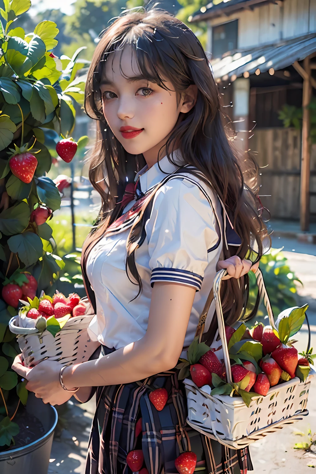 best quality, ultra high res, (1 girl:1.4), solo,(upper body:1.2), (photorealistic:1.4), (pretty girl:1.2),big breasts,balck long hair, parted bangs,air bangs, red lips,light_smile,(shot hair), wet, messy_blue hair, stick out,(school uniform:1.4),white shirt with blue collar, blue shorts,(looking at viewer:1.4),(a basket on her forearm:1.4),(picking strawberries:1.4), (strawberry farm:1.4), (rows of plants:1.4), (red berries:1.4), green leaves, sunshine, (baskets:1.2), picking,(pureerosface_v1:0.5)