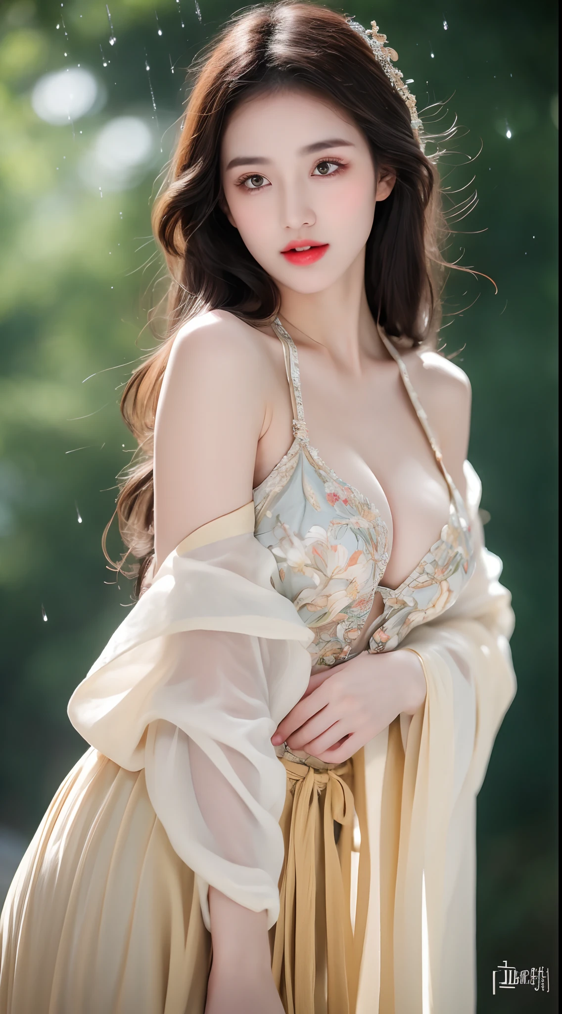 ((Best Quality, 8k, Masterpiece: 1.3)), Focus: 1.2, Perfect Body Beauty: 1.4, Buttocks: 1.2, ((Layered Haircut)), (Wet Clothes: 1.1), (Rain, Street:1.3), (Breasts: 1.2), (Hanfu: 1.2), Bare Shoulders, Bare Legs, Highly Detailed Face and Skin Texture, Fine Eyes, Double Eyelids, Whitened Skin, Long Hair, (Shut Up: 1.5), (Bokeh Background: 1.5), Big Breasts