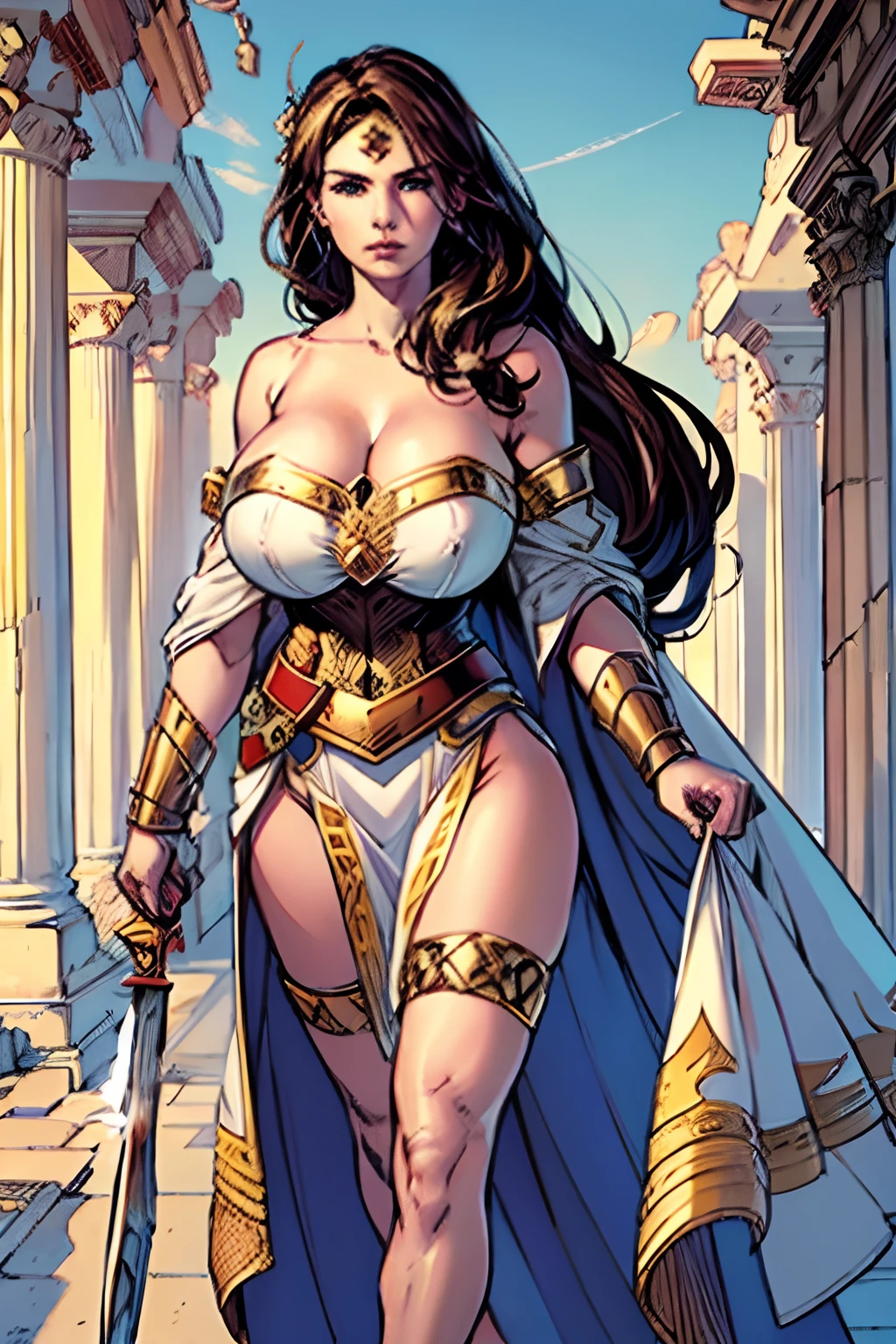 (masterpiece, top quality, best quality, official art, beautiful and aesthetic:1.2), (1girl:1.3), dark brown hair in a huge ponytail, extremely detailed, portrait, looking at viewer, solo, (full body:0.6), detailed background, close up, (warm summer Mediterranean theme:1.1), Athena, charlatan, mysterious, walking in forest, green laurel crown, revealing robes and armor, white Greek robes, goddess, white toga, robe, spear and shield, metal, light brown leather, cloak, bracers, armor, gauntlets, sandals, buckles, straps, see-through white fabric, ((((gigantic breasts, cleavage, skindentation)))), slim waist, slim hips, long legs, ancient (Parthenon exterior:1.1) background, dark mysterious lighting, shadows, magical atmosphere, dutch angle,
