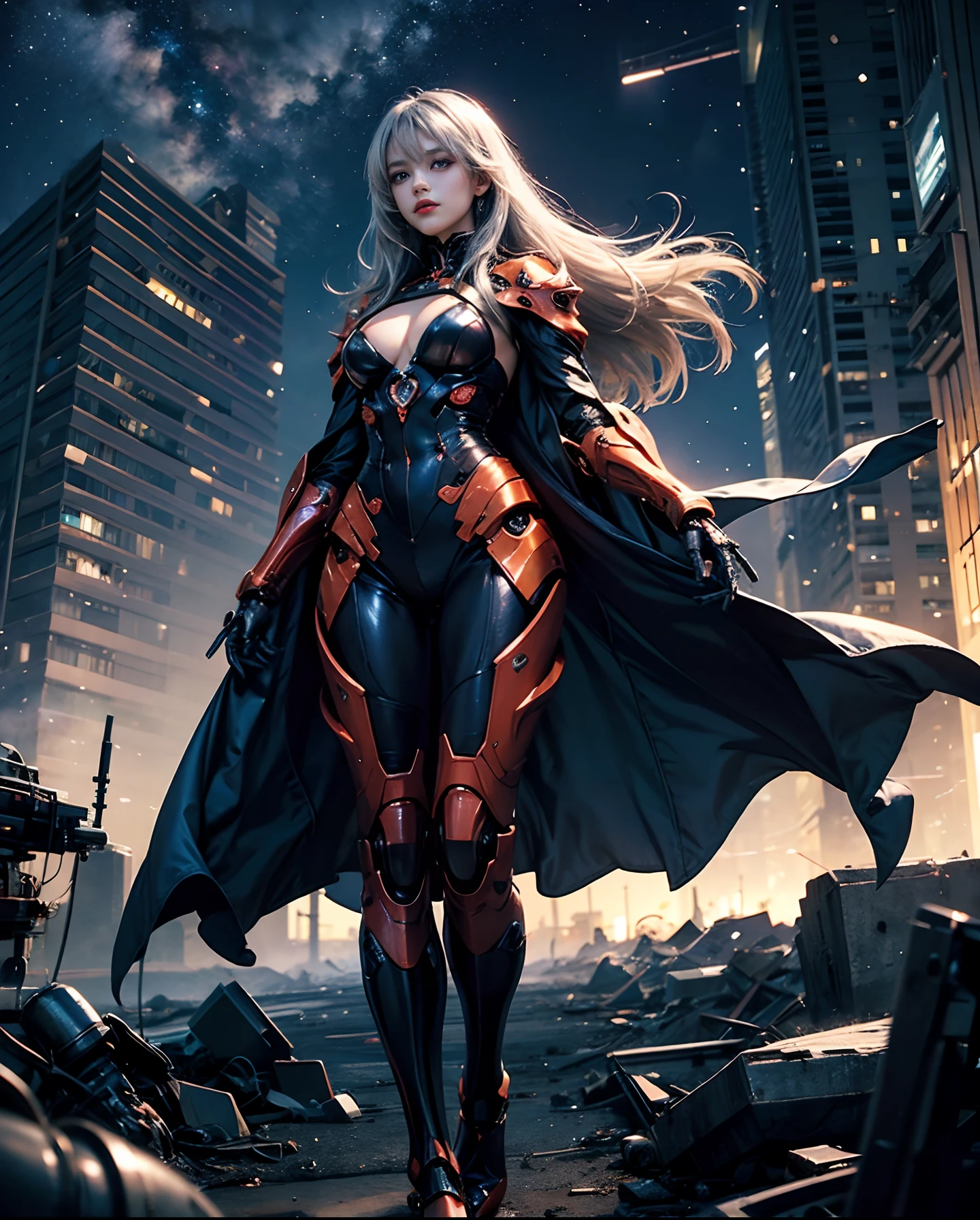 Gradient Color Hair、long fluttering silver hair、long hair flowing with the wind、Breasts are small and B size、Cleavage is visible。photoRealstic、Colorful Evangelion-style metal mecha suit、detailed mechanical components、Metal cylinder、Fine parts、Giant robot standing behind、high-heels、Finish as shown in the photo、Eyes are double(A detailed eye), Beautifully detailed、beautifull detailed face、Grab viewers' eyes with attractive poses、Futuristic battlefield at night、Eyes are on the viewer、Angle from below the knee、