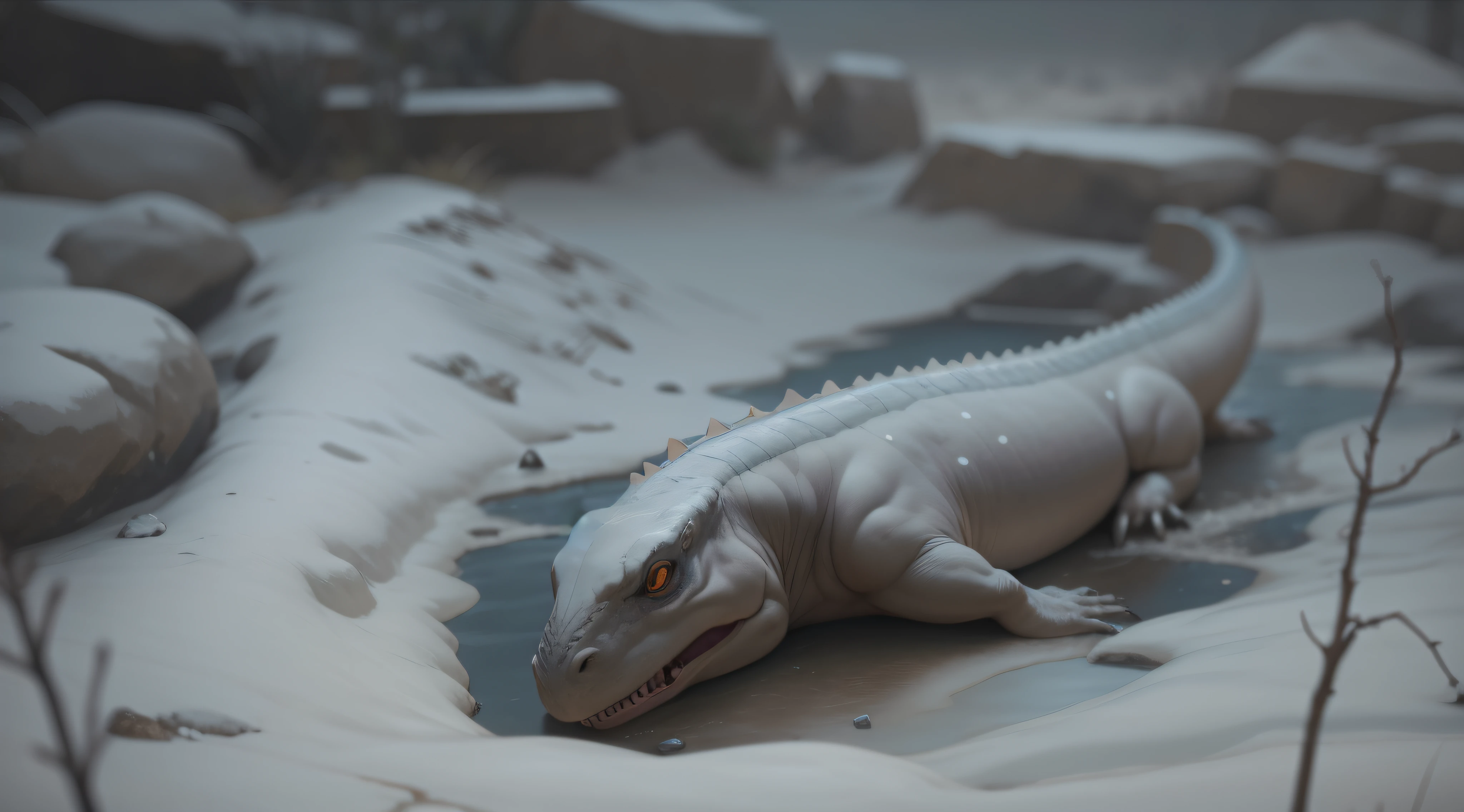 Dinossauro do Permiano, tumbling in a barren, lifeless setting, medium: fotografia ultra-detalhada, estilo: Realistic depiction with emphasis on dinosaur skin texture and dry environment, Uplighting: luz do entardecer, giving a melancholy tone, cores: paleta de cores desbotadas com destaque para marrons e cinzas, compositing: Nikon D850 DSLR, lente Nikkor 70-200mm f/2.8, Resolution 45.7 megapixels, sensibilidade ISO: 25,600, velocidade do obturador 1/160 segundo --ar 16:9 --v 5.1 --style raw --q 2 --s 750