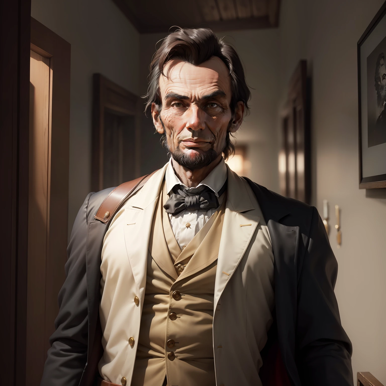(8k, RAW photo, best quality, masterpiece:1.2), ultra detailed, official art, photo-realistic:1.37, upper body shot, Abraham Lincoln, film grain, action pose