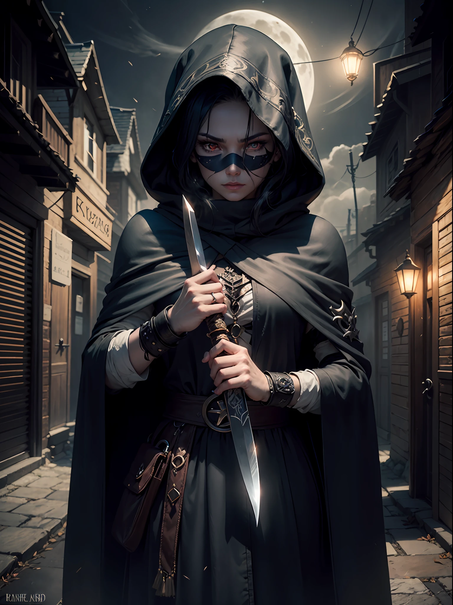 "Mystic Bandit": dark and mysterious, a skilled thief with supernatural abilities and a hidden past, wearing a cloak of shadows, eyes glowing with arcane power, holding a enchanted blade, surrounded by ethereal mist, sneaking through moonlit streets, leaving no trace behind.