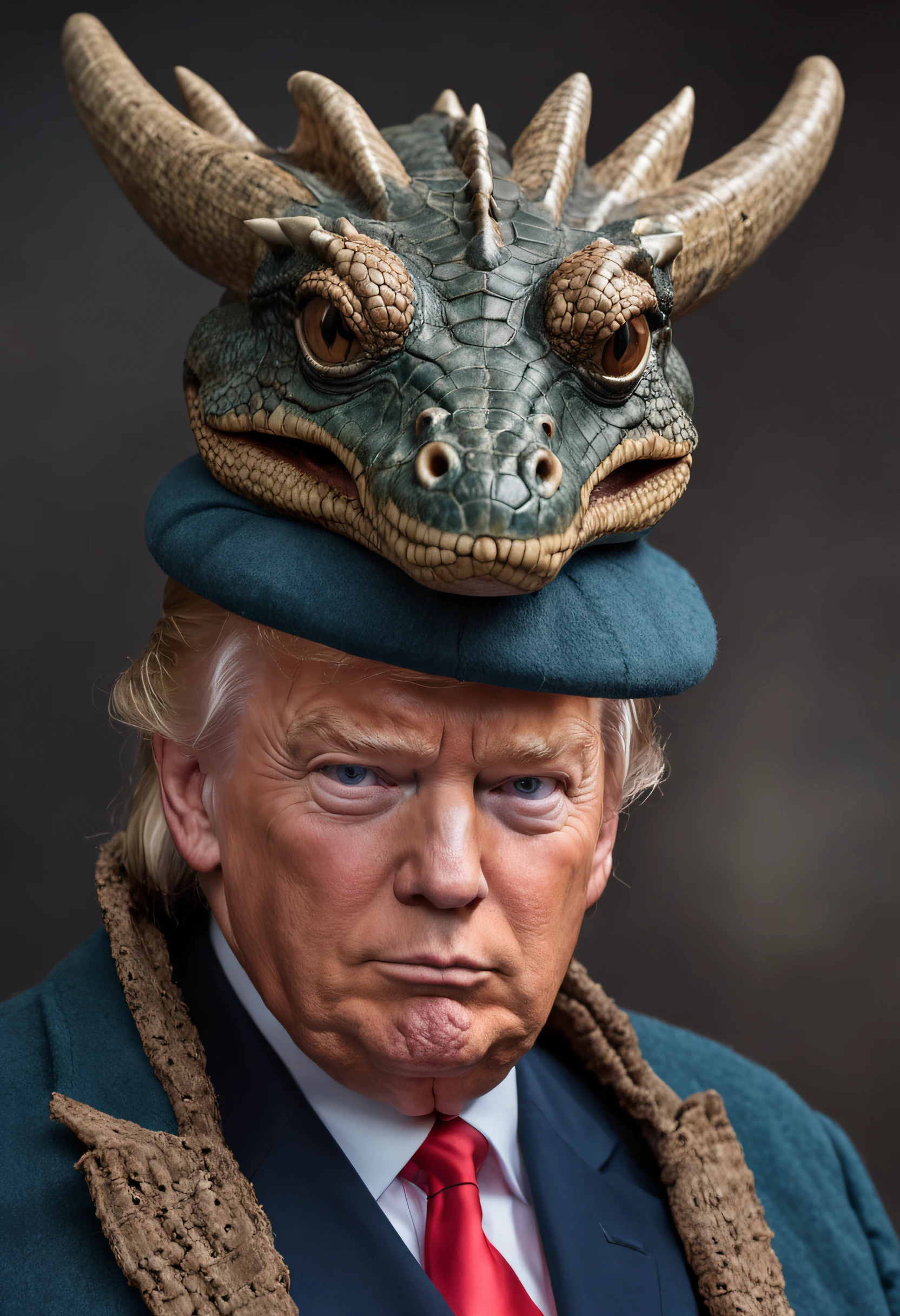 Realistic image of Donald Trump,Ultra-realistic quality,a old man,Big chest,wearing an outfit,Wearing crocodile dragon armor,Wearing a crocodile head hat,Muscle men, Man ,Wear half-moon glasses,Realiy,Blue whale in hand
