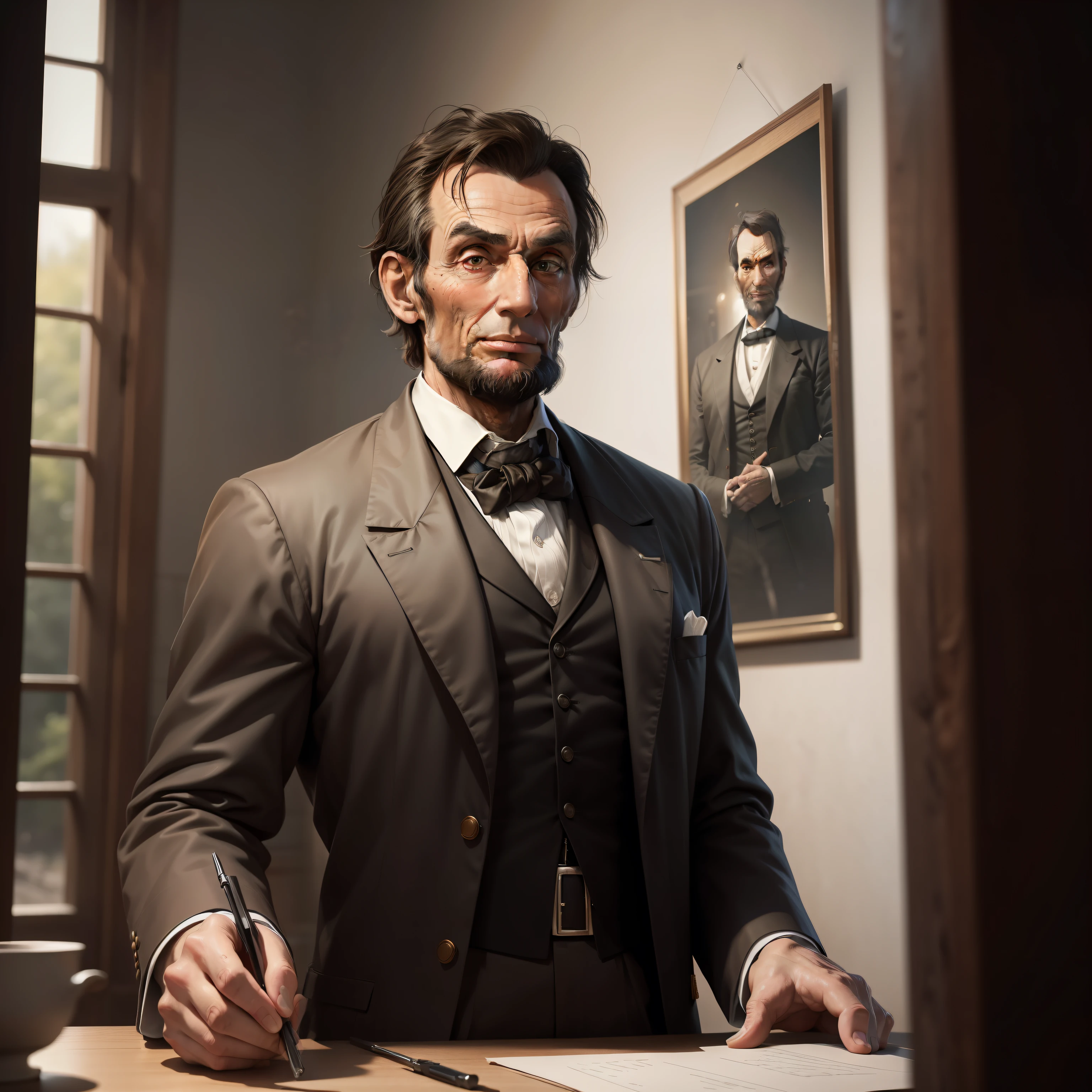 (8k, RAW photo, best quality, masterpiece:1.2), ultra detailed, official art, photo-realistic:1.37, upper body shot, Abraham Lincoln, film grain, action pose