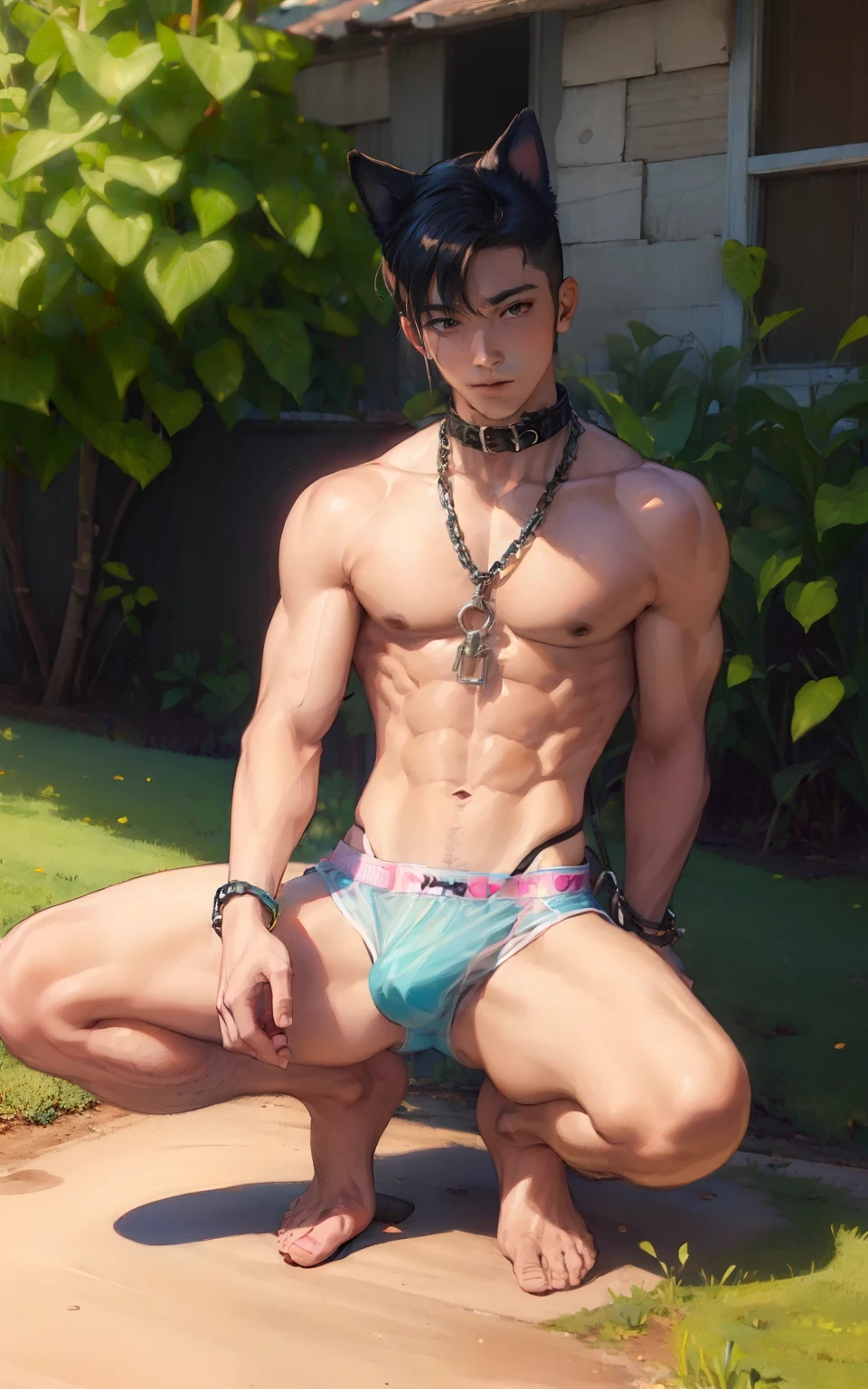 (Panhu:2),Transparent underwear,Bare feet,Abs,Thin,dog collar,Dog leash,Transparent briefs