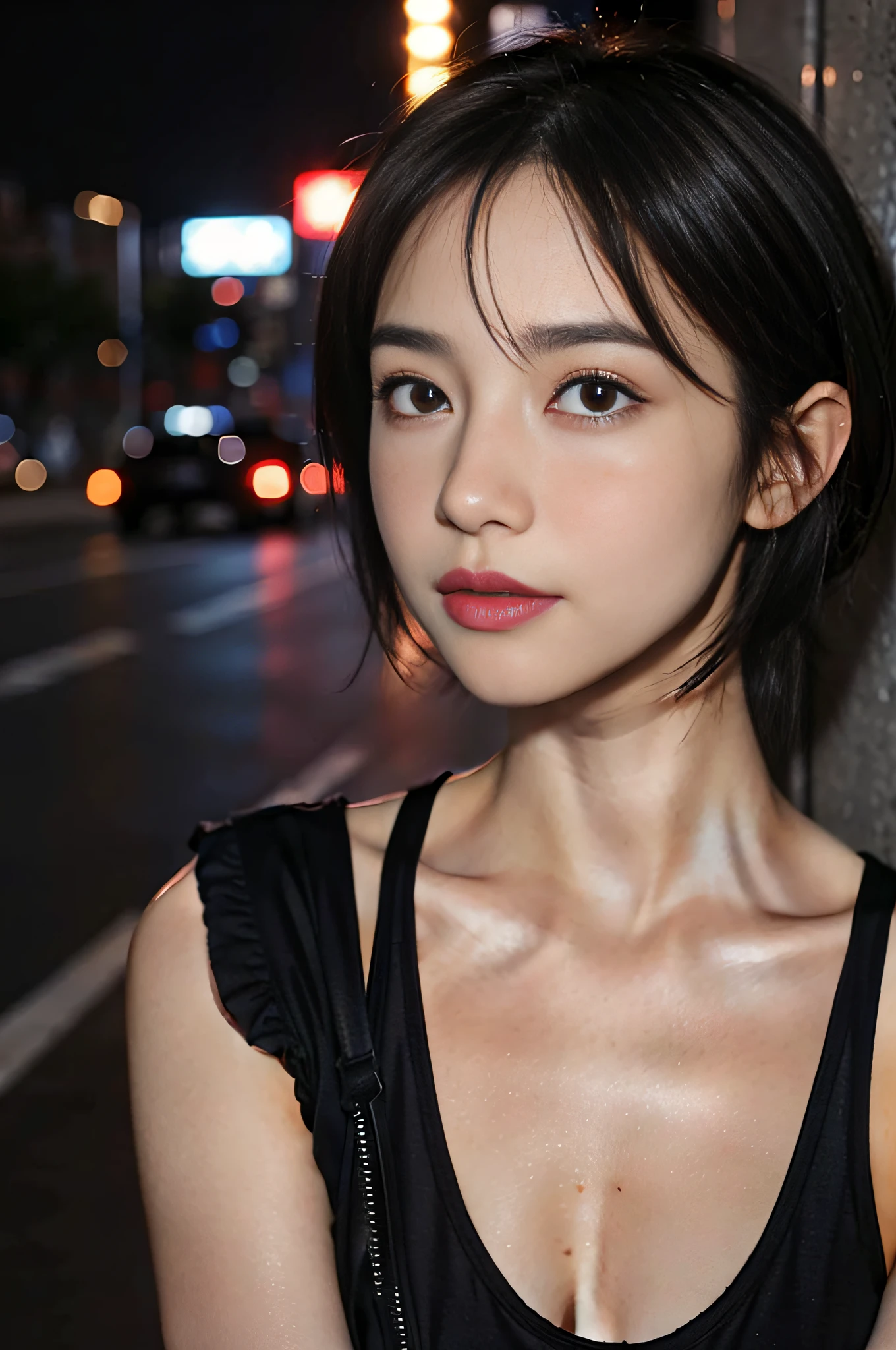 1girl in、Tifa Lockhart、２５Mature Woman、a small face、Shortcut Hair、natural make up、no-makeup、Light makeup、Beautiful grooming、Bust B Cup、二重まぶた、Black Dress、New York City at night