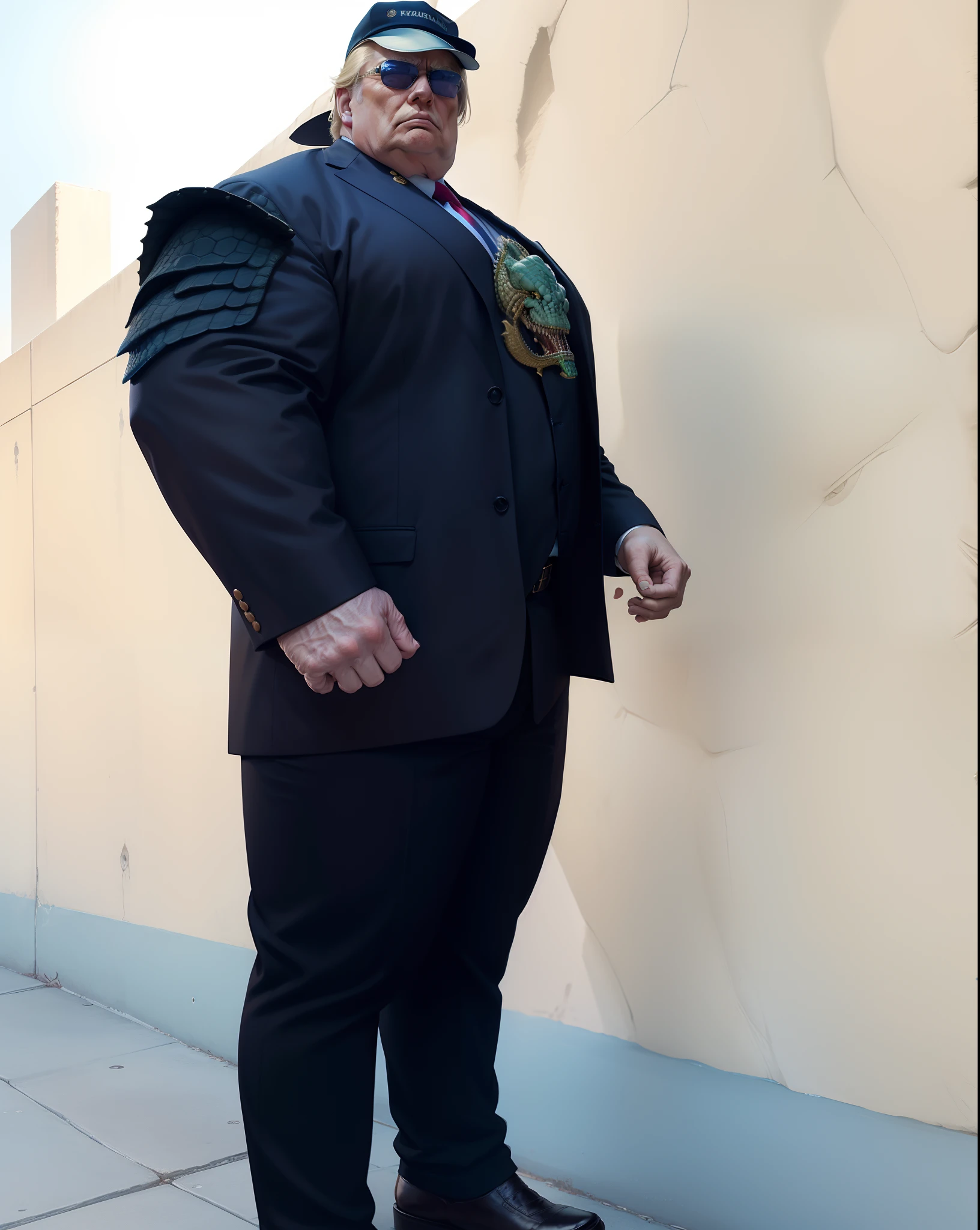 Realistic image of Donald Trump,Ultra-realistic quality,a old man,Big chest,wearing an outfit,Wearing crocodile dragon armor,Wearing a crocodile head hat,Muscle men, Man ,Wear half-moon glasses,Realiy,Blue whale in hand