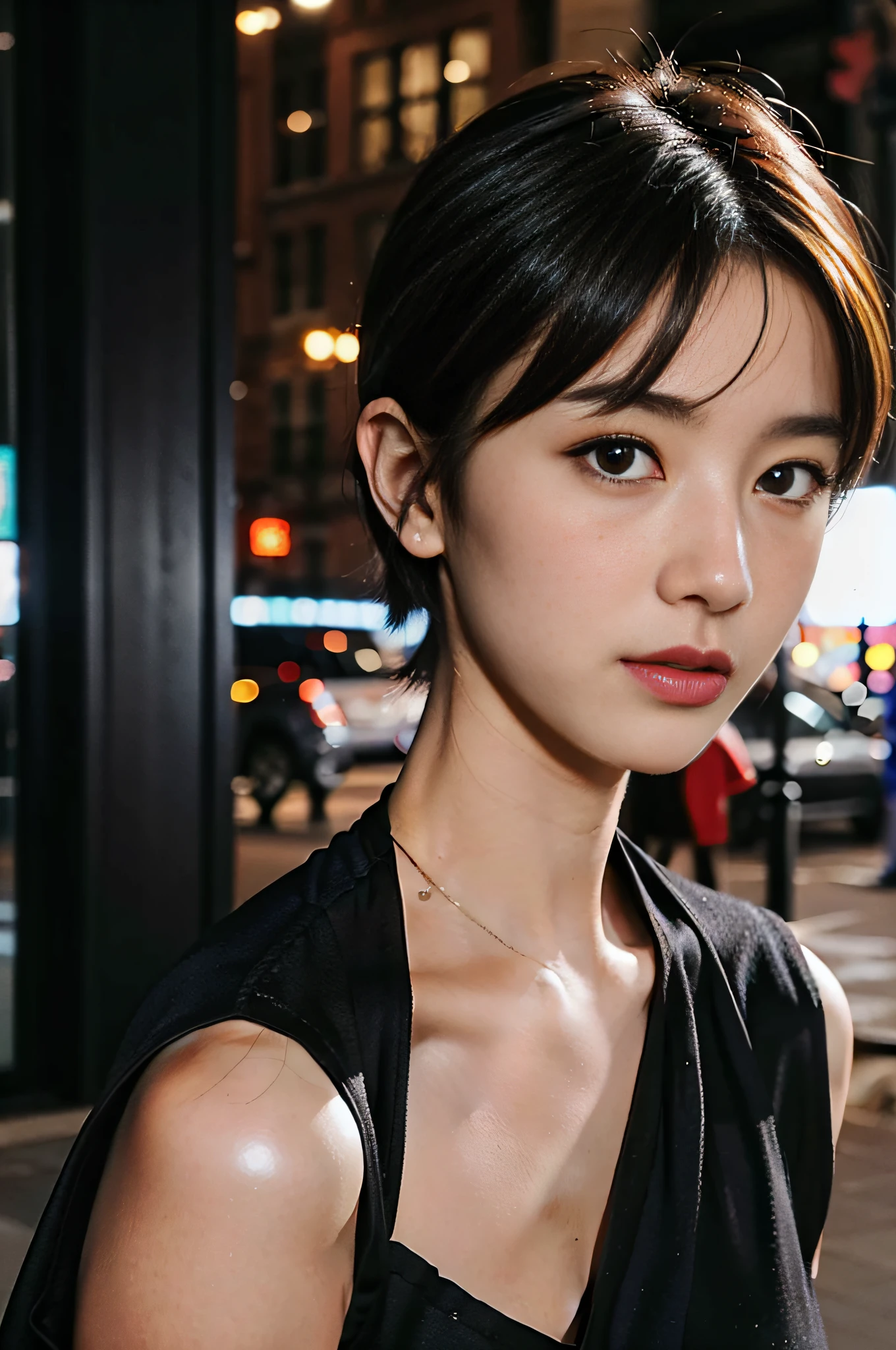 1girl in、Tifa Lockhart、２５Mature Woman、a small face、Shortcut Hair、natural make up、no-makeup、Light makeup、Beautiful grooming、Bust B Cup、二重まぶた、Black Dress、New York City at night