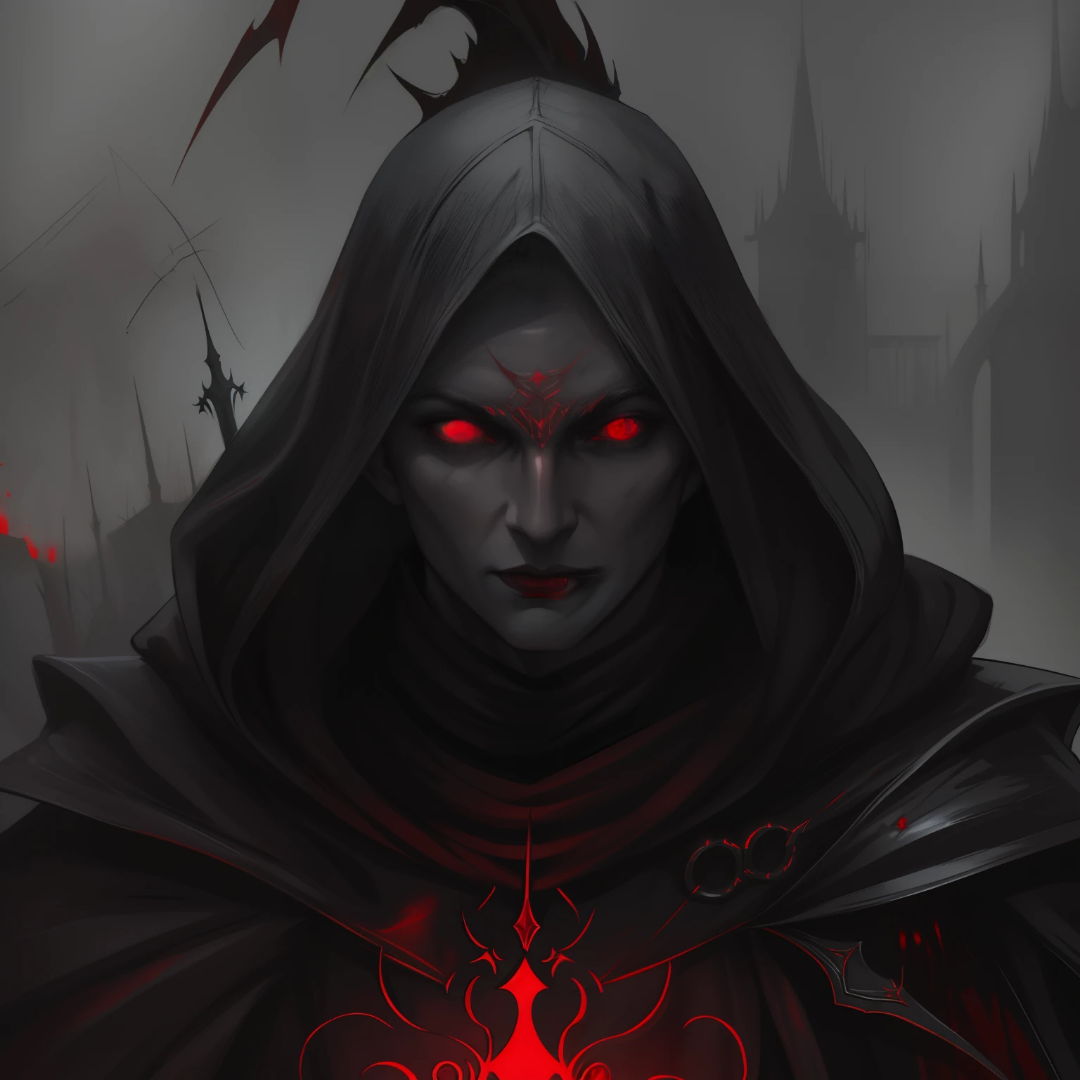 a close up of a man elf with a hood on and a red light on, dark fantasy style art, with red glowing eyes, painted in the style arcane, dark concept art, portrait of a bloodborne hunter, dark cloaked necromancer, dark hooded wraith, with glowing red eyes, portrait of a mage,