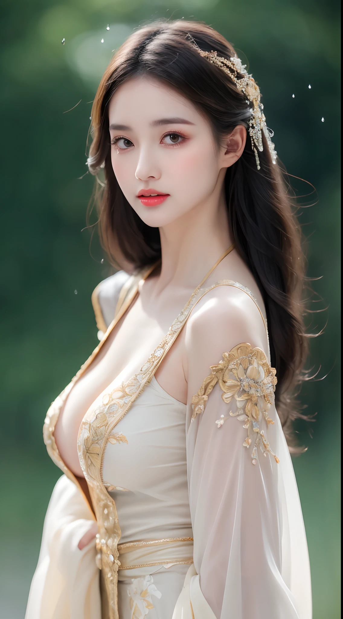 ((Best Quality, 8k, Masterpiece: 1.3)), Focus: 1.2, Perfect Body Beauty: 1.4, Buttocks: 1.2, ((Layered Haircut)), (Wet Clothes: 1.1), (Rain, Street:1.3), (Breasts: 1.2), (Hanfu: 1.2), Bare Shoulders, Bare Legs, Highly Detailed Face and Skin Texture, Fine Eyes, Double Eyelids, Whitened Skin, Long Hair, (Shut Up: 1.5), (Bokeh Background: 1.5), Big Breasts