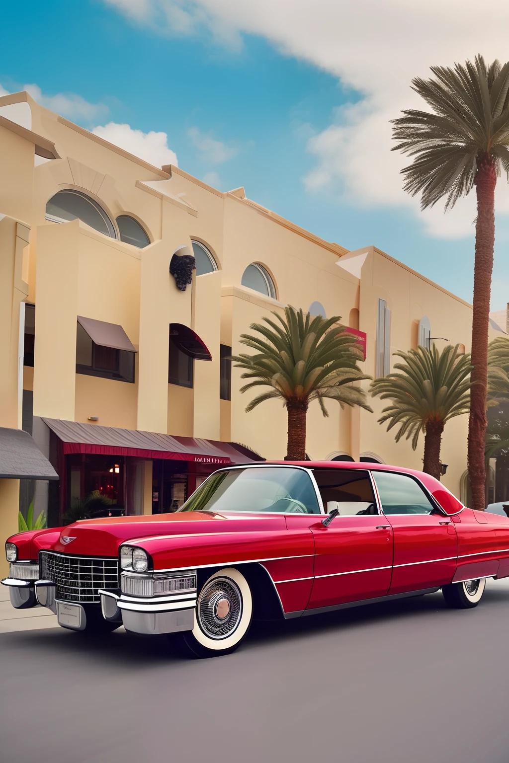 Classic Cadillac DeVille zoom out cruising down a glamorous city boulevard colorful cartoon coloring book vibrant colors contrast zoom out unzoom