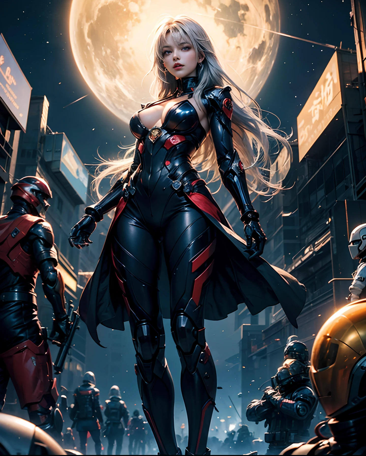 Gradient Color Hair、long fluttering silver hair、long hair flowing with the wind、Breasts are small and B size、A slender、Cleavage is visible。photoRealstic、Colorful Evangelion-style metal mecha suit、detailed mechanical components、Metal cylinder、Fine parts、Giant robot standing behind、high-heels、Finish as shown in the photo、Eyes are double（A detailed eye）, Beautifully detailed、beautifull detailed face、Grab viewers' eyes with attractive poses、Futuristic battlefield at night、Eyes are on the viewer、Angle from below the knee、The skin is white and transparent beauty、
