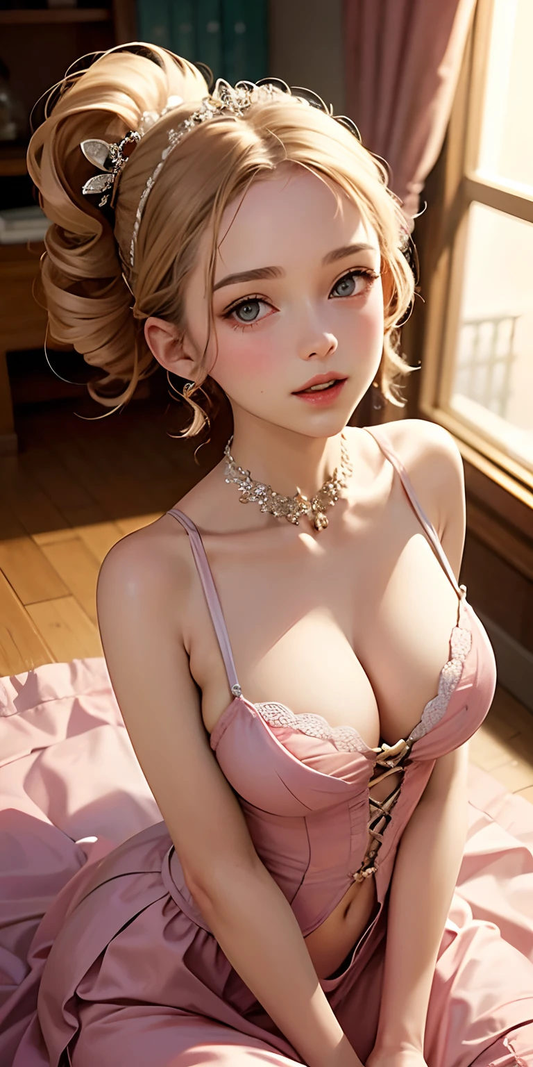 realisticlying， girl，Dressed in the classical ballet costume shown here，Face Real，Looking up from the bottom、smil，Cleavage emphasis，Opera House，Breasts enlarged，Cleavage emphasis，Extra large zoom on chest，Chest zoom