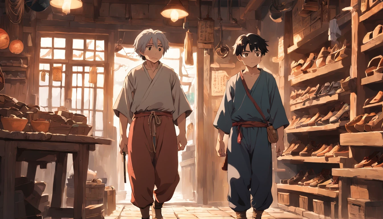 old peasant craftsman and a peasant boy, adventurous, wearing shoes in a shop