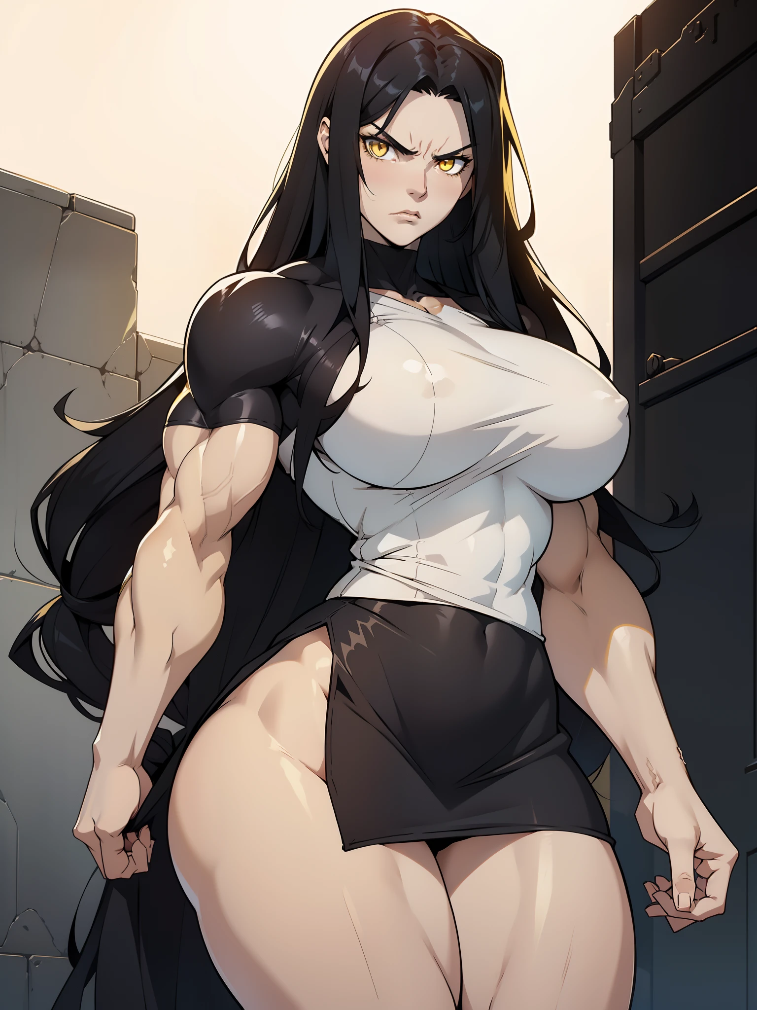 (1girl), black hair, extremely long hair, yellow eyes, (((muscular))), huge breasts, thick thighs, solo, angry, (pale skin), cowboy shot, towel