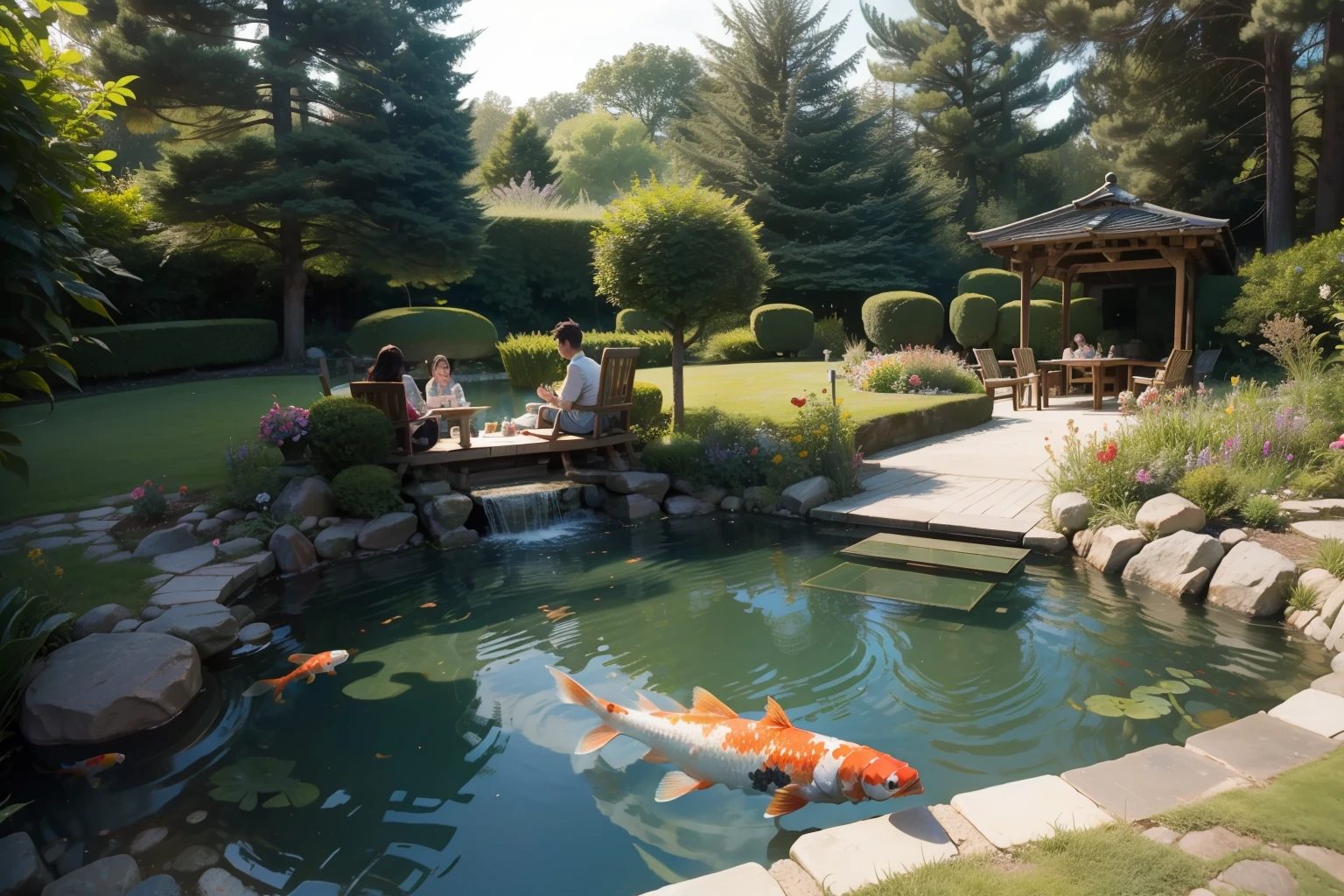 Couple having a barbecue in the garden、There is a pond in the garden、(Koi)