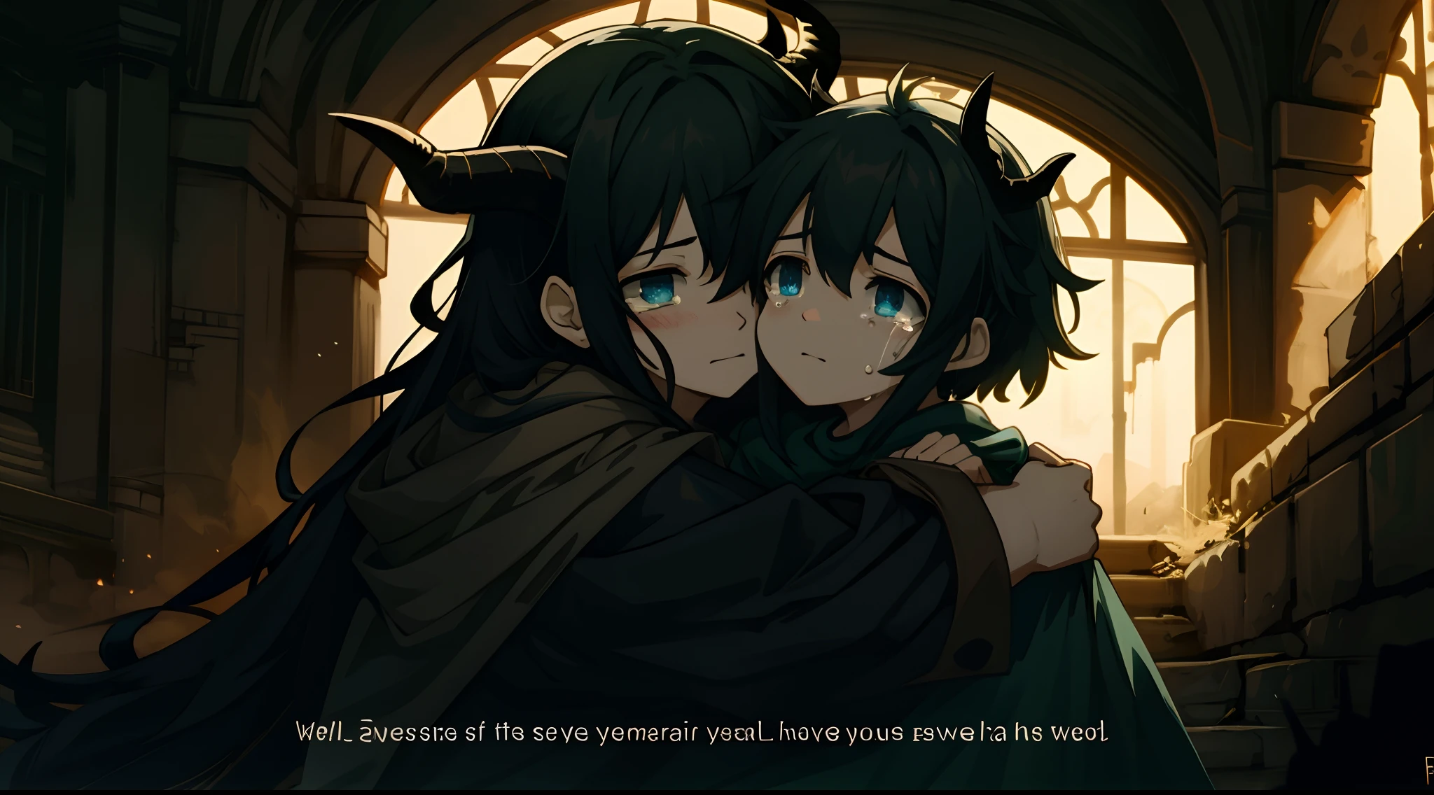 highres, top quality, best quality, paid reward available, High-quality illustrations, unparalleled masterpiece, The Decaying Demon King's Castle, absurdres, height difference, large demon, hugs girl((movie of a demon and human girl))girl, swoon, hopelessness, tears, Fatigue(beautiful detailed eyes and face)caustics, good lighting, deep shadow, cinematic shadow, lens flare, cinematic angle, subtitles, English text,