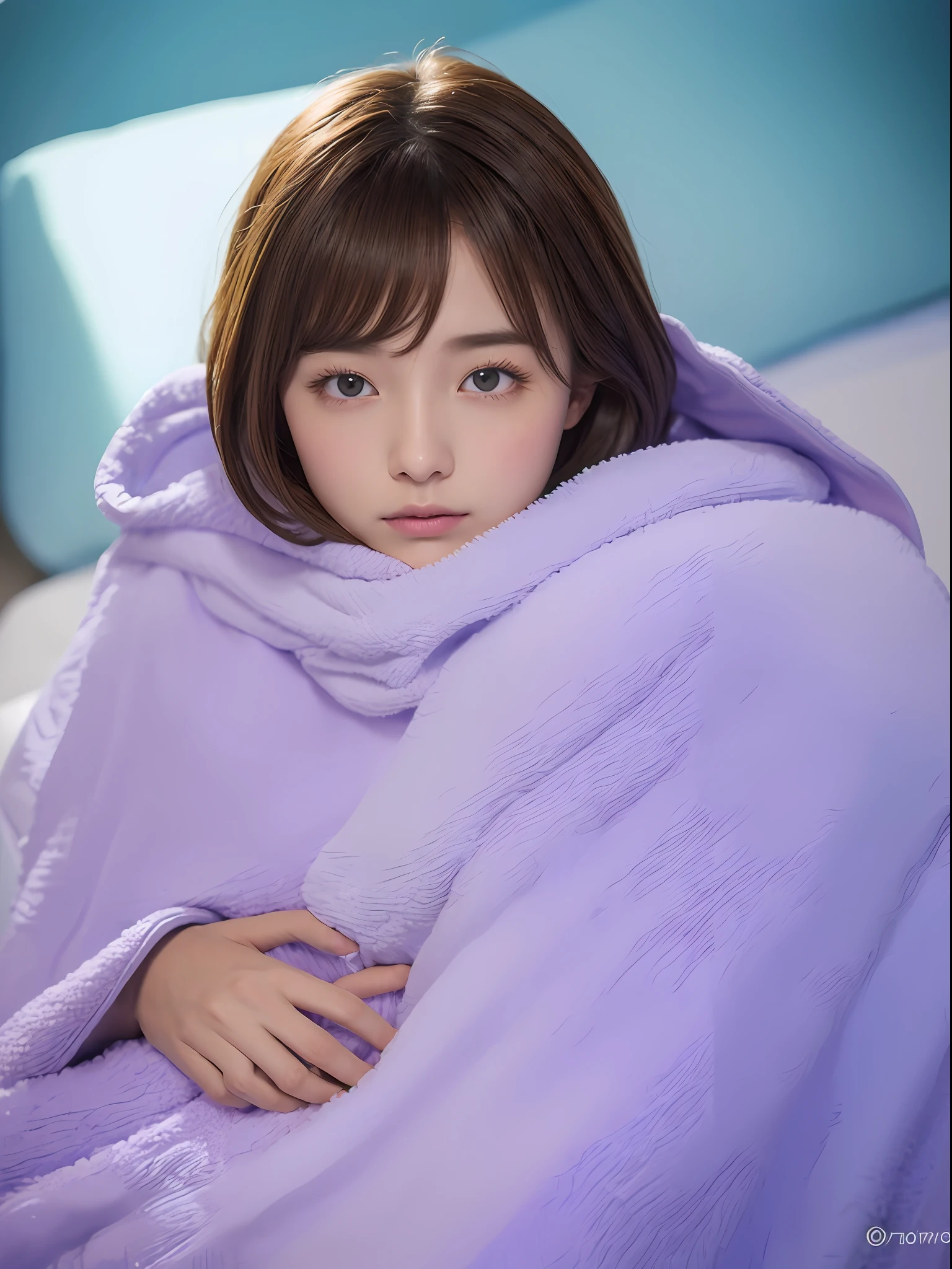 the Extremely Detailed CG Unity 8K Wallpapers、top-quality、ultra-detailliert、masterpiece、studio shoot、Full body portrait、(Light lavender and light blue sweatshirt with fluffy towel fabric:1.4), realisitic、Behind the photo、large full breasts、realisitic、Photo Real、extremely detailed cute girl、独奏、sixteen years old、sleepy expression, on the beds, Brown hair, Long bob cut, dishevled hair, Floating hair、Sleeping habits、out of focus、blur、