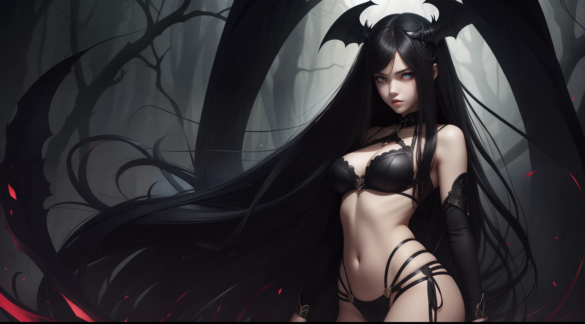 succubi，femele，whaite hair，black-clad，Beautiful face，Beautiful eyes，Black eyes，teens girl，Full body like