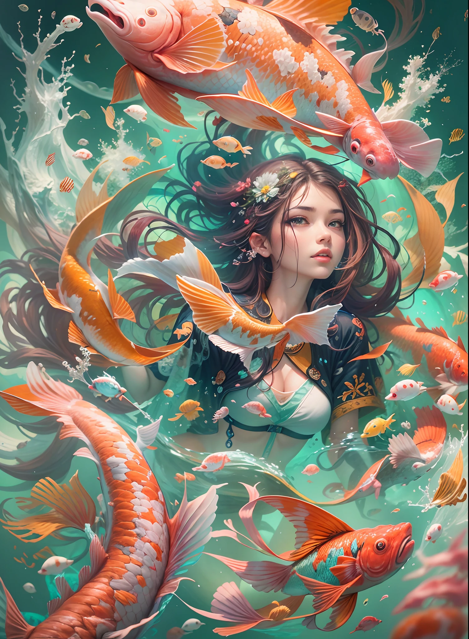 model shoot tyle, (highly detailed CG unit 8k wallpaper), A chaotic storm of complex liquid smoke in your head, Stylized abstract portrait of a beautiful girl, wetted skin,Koi，Carp Festival | | |，Koi Band,carp，Odd-shaped coral，ocean floor，Beautiful coral reef in the background，boulders,Marine life，colorful coral reef,Decorating the reef,Authors：Petros Afshar, Tran Ross, Whale Tom, Pedro Mohrbacher, Germ from art, Broken glass, ((Cheerful underwater landscape)) The octane number rendering of synchrotron radiation is very detailed, inspired by Yanjun Cheng, beautiful digital art, Art in the Gviz style, Highly detailed digital art in 8K, beautiful digital illustrations, Beautiful detailed digital art, stunning digital illustration, a beautiful artwork illustration, Exquisite digital illustration,8K Detailed Digital Art,