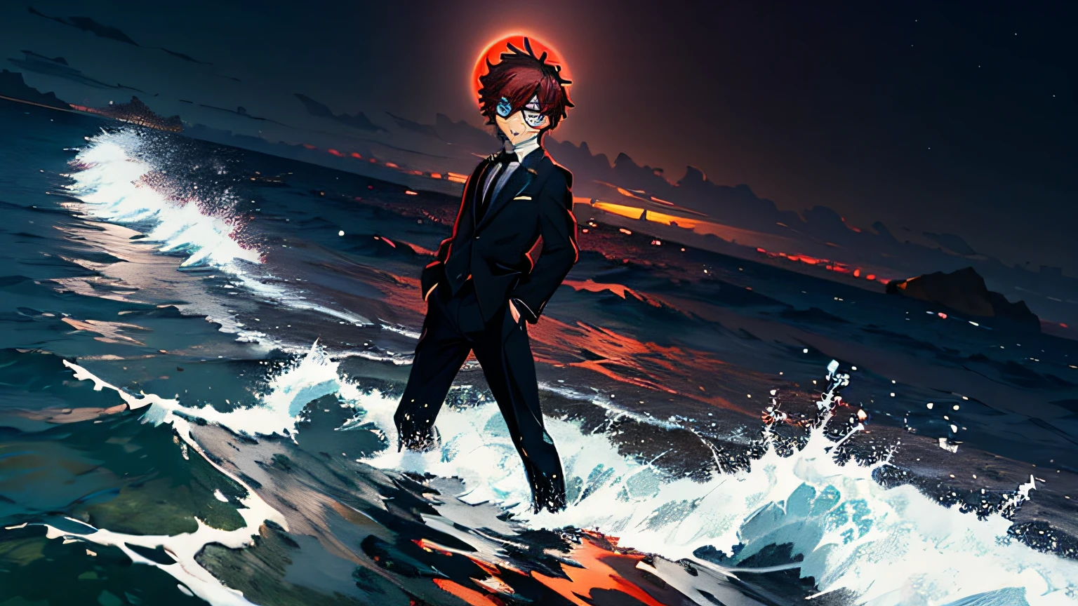 Dynamic pose, dynamic angle,from afar,((night)), beach, calm water without waves,boy at the water's edge,boy looking out to sea,arms outstretched towards the sea,messy spiky white hair, light blue eyes, purplish black suit, no tie, purplish black shirt, purplish black dress pants, rounded sunglasses,(dark red sphere in the water on the horizon:1.5),((motion trail in water by sphere)),