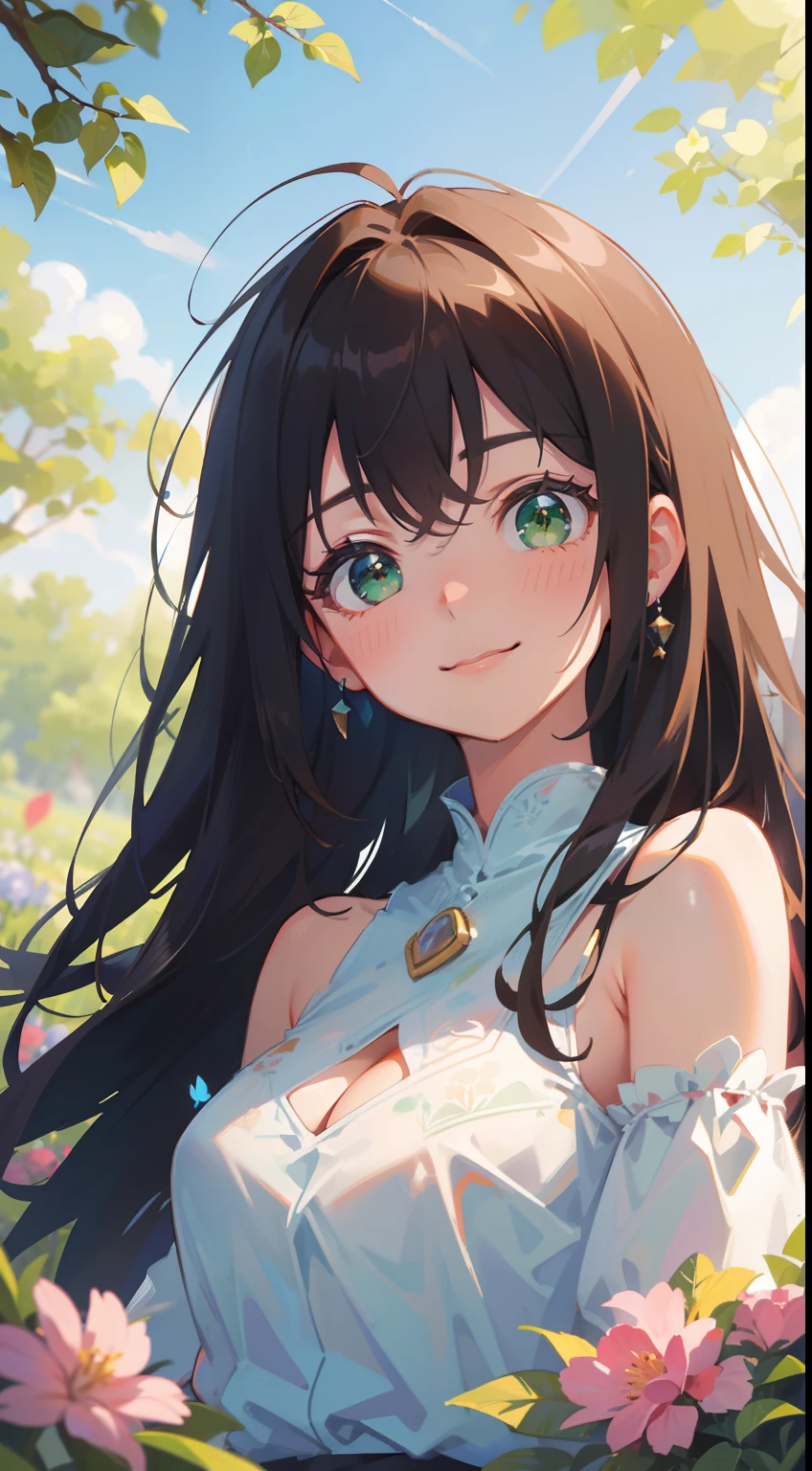(masterpiece), (best quality), ultra high res, sharp focus, warm pastel tone, ((1 woman, solo)), upper body, dutch shot, beautiful detailed hair, chestnut brown hair, long hair tumbles down, beautiful detailed face, ((beautiful shape eyes, green eyes)), comfortable face, perfect feminine face, looking at the viewer, smiles, bare shoulders, feminine light outfit, in the meadow of colorful flowers