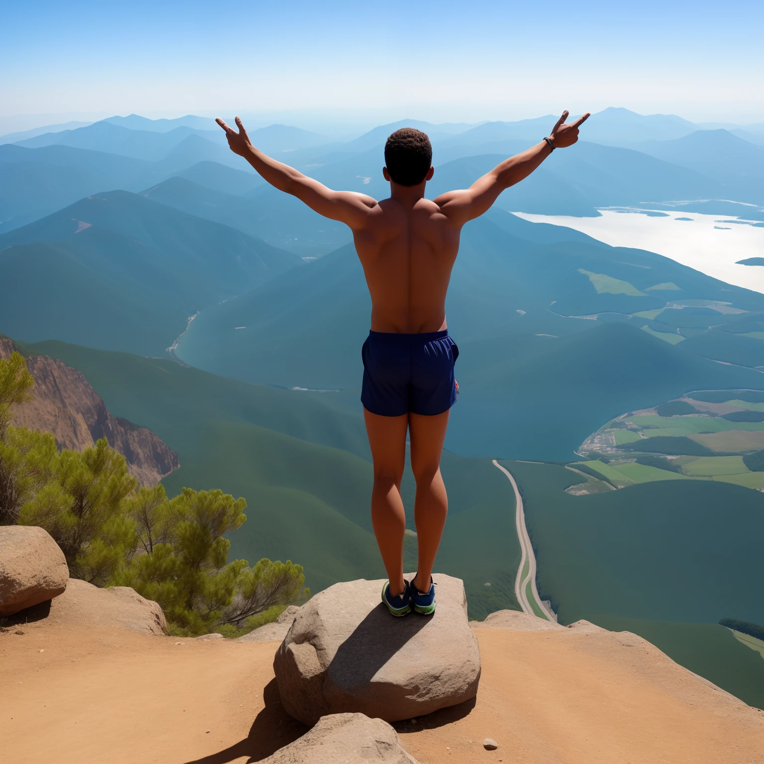 A person standing on top of a mountain, with arms open and face turned to the sky. O sol nascente cria um halo suave ao redor dela, symbolizing the connection to the present moment