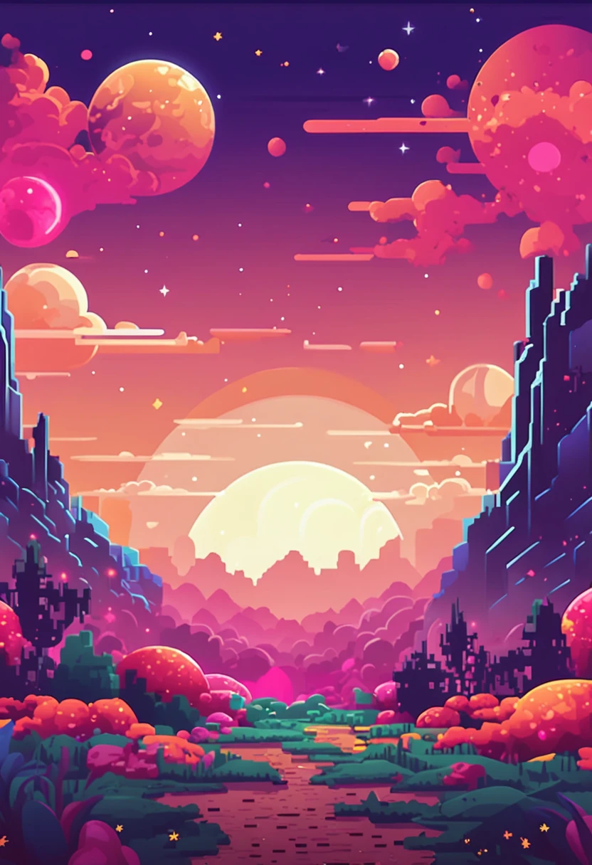 "pixel art, flat design, ultra-detailed landscape of the universe"